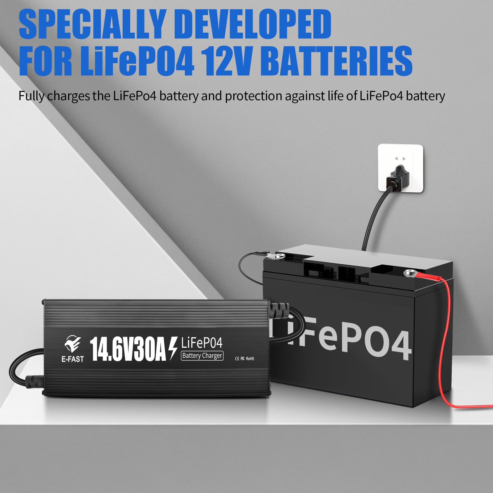 Caricabatteria al litio da 12 V 30 A 14,6 V LiFePO4 Caricabatterie intelligente con indicatore connettore Anderson speciale per batterie ricaricabili al litio LiFePO4 a ciclo profondo di barca, camper
