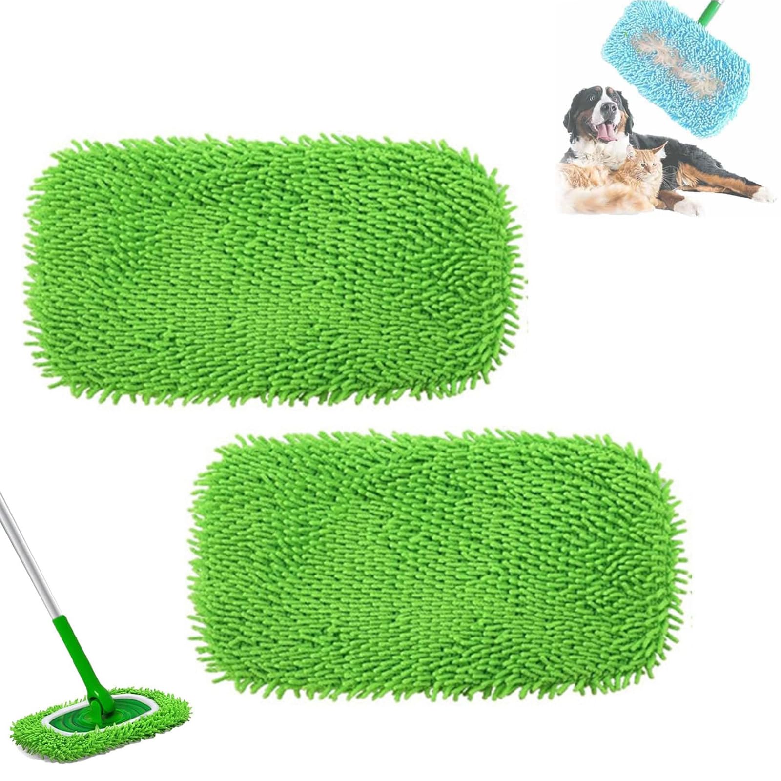 Nnbwlmaee 2Green Reusable Mop Pads, Chenille Mop Refill Pads, Microfiber Mops Pad, Microfiber Dry Sweeping Cloths, Removable Mops Covers For Home Use, Multi Floor Surface Wet & Dry Cleaning (2Green)