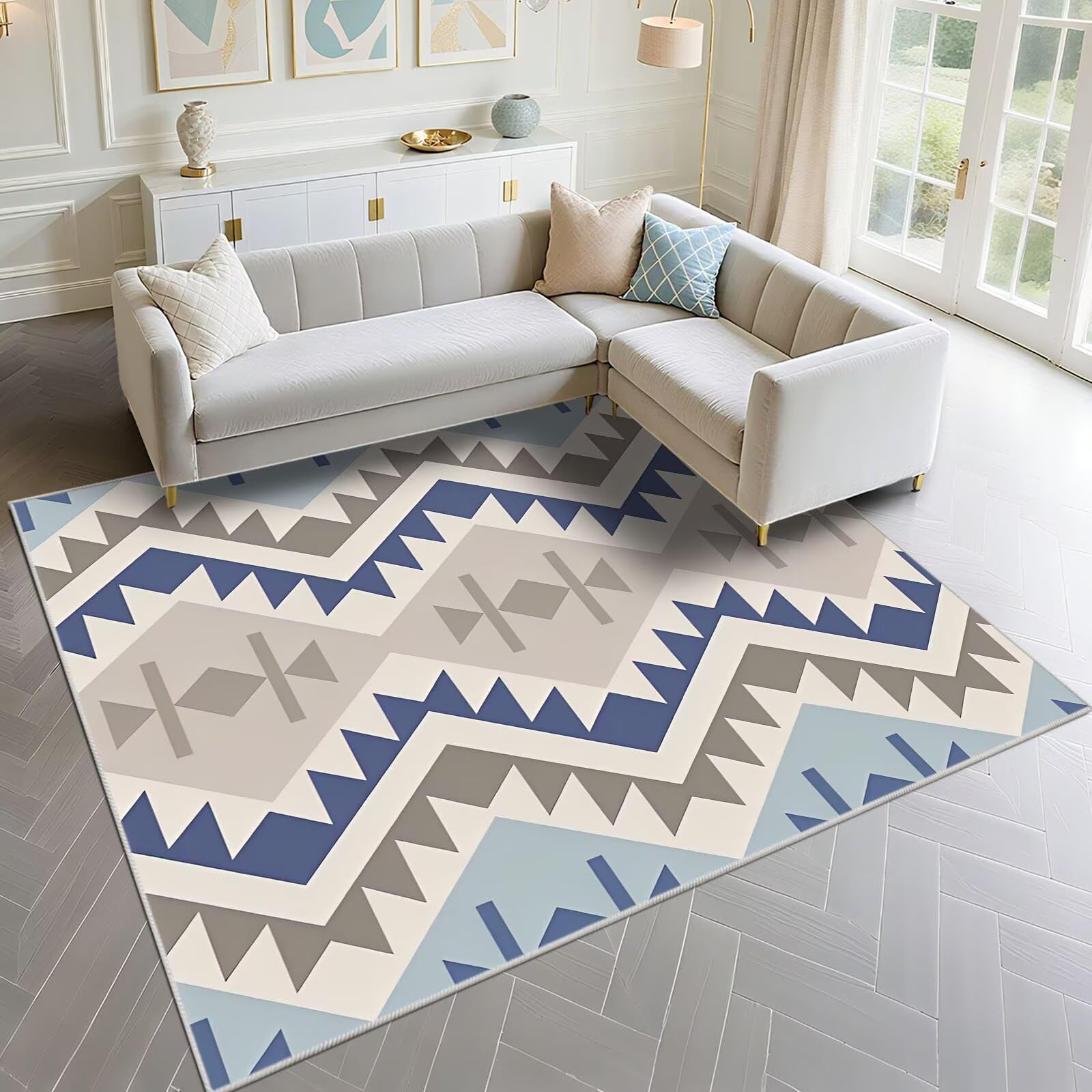 Tapis insonorisation 140x180cm bleu géométrique pour chambre et salon