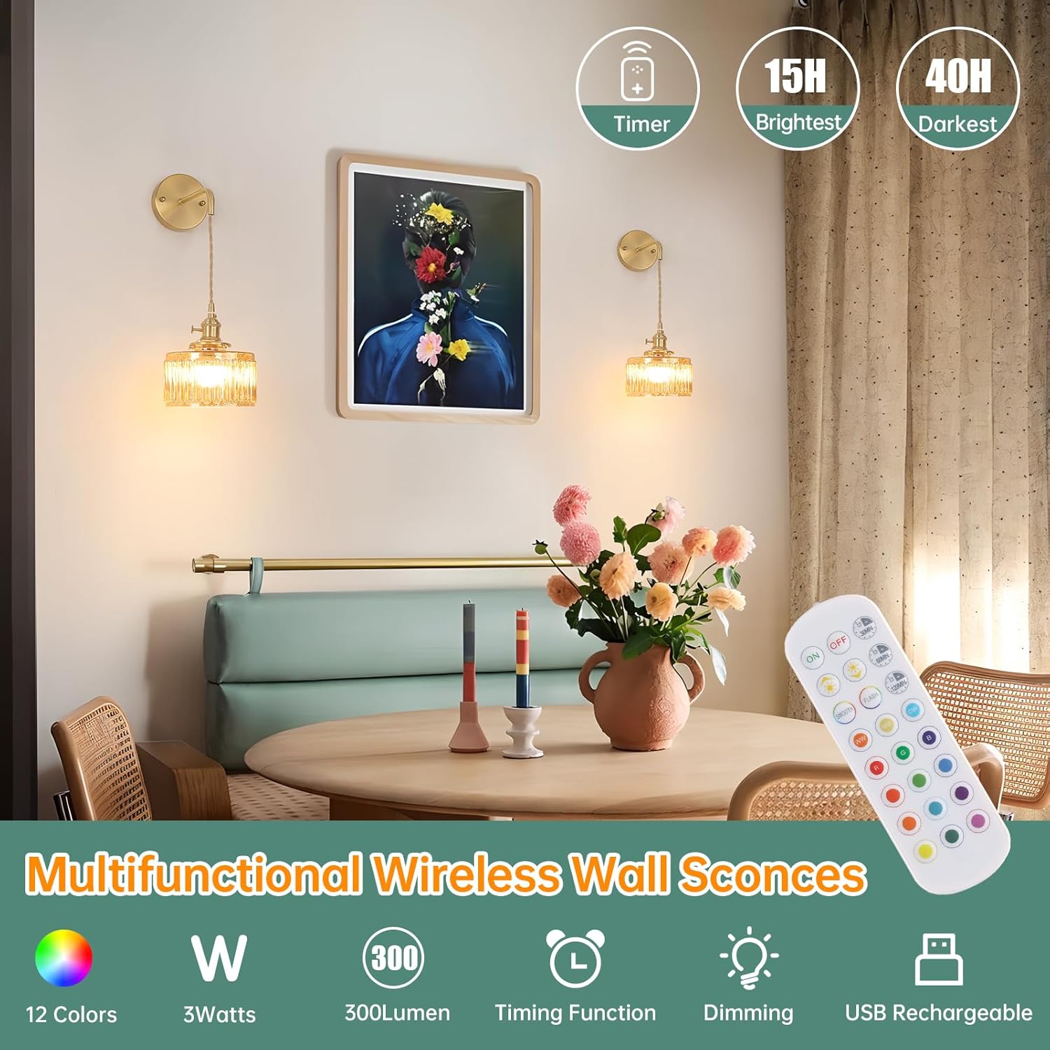 Battery Operated Wall Sconce with Amber Striped Shade Pattern Glass Adjustable Chain Retro Gold Wall Mounted Light, Modern Wall Lamp Fixtures Decor for Bedside Bedroom Indoor Doorway