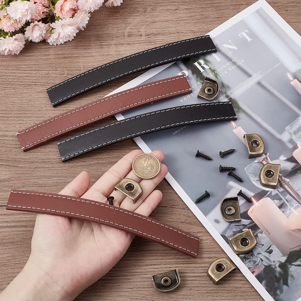 GORGECRAFT 4 Sets 2 Colors Leather Door Handle Drawer Pulls Metal Hardware Cabinet Suitcase Luggage Pulls Grip Door Knobs Drawer Handles Replacement Cabinet Pull Strap with Alloy Buckles & Screws