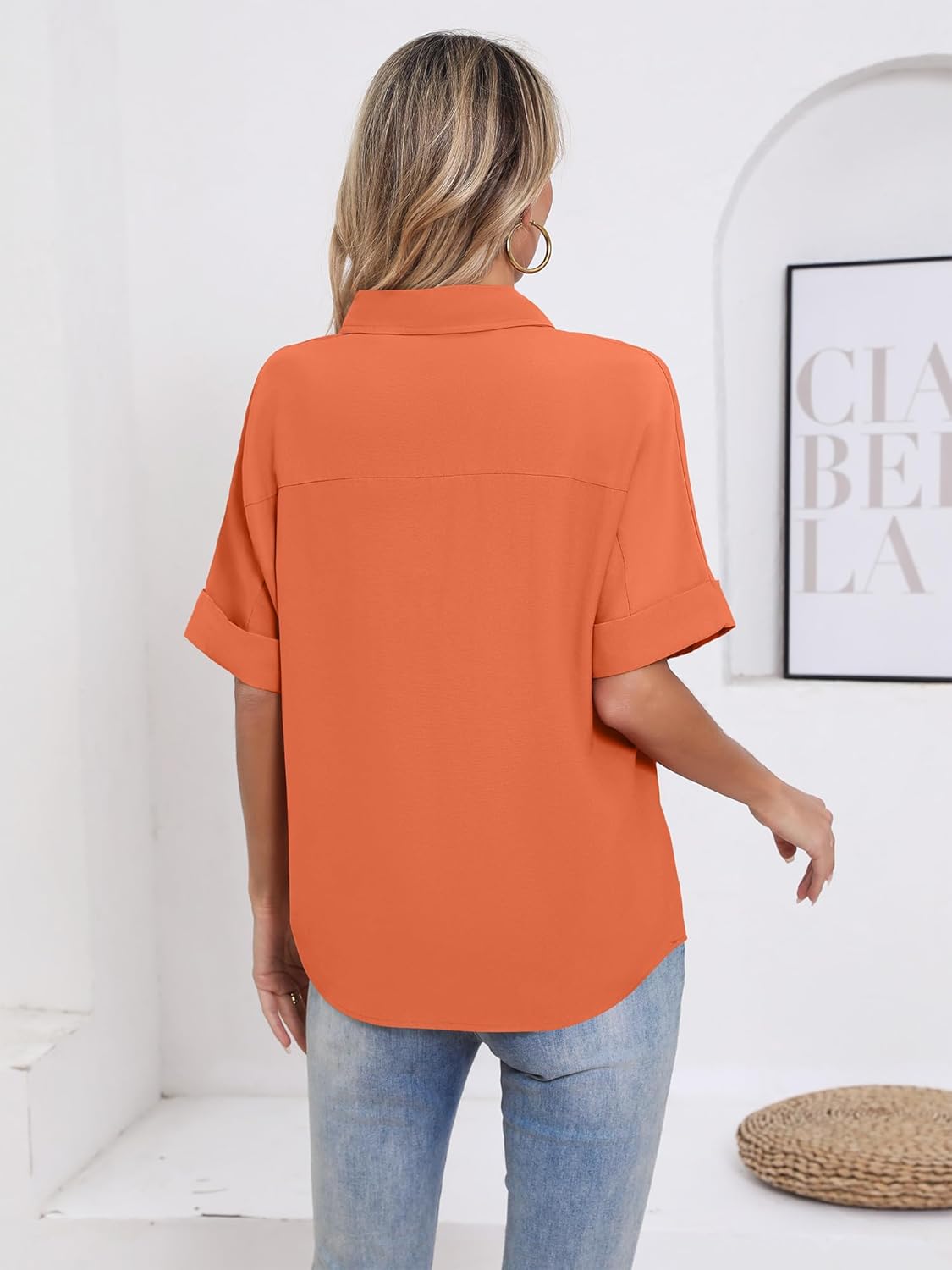 Women's Dressy Casual Tops Loose Fit Short Sleeve Work Blouses Collared V-Neck Dress Shirts - Image 4