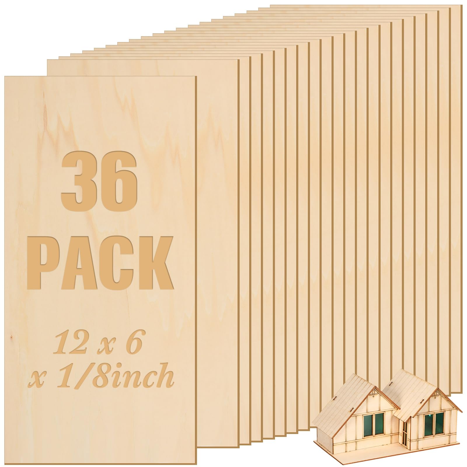 Riakrum 36 Pack Basswood Sheets Plywood Board Unfinished Wood Boards for Crafts for DIY Laser Projects Architectural Model Making Mini House Building Hobby Wood Burning (6 x 12 x 1/8 Inch)