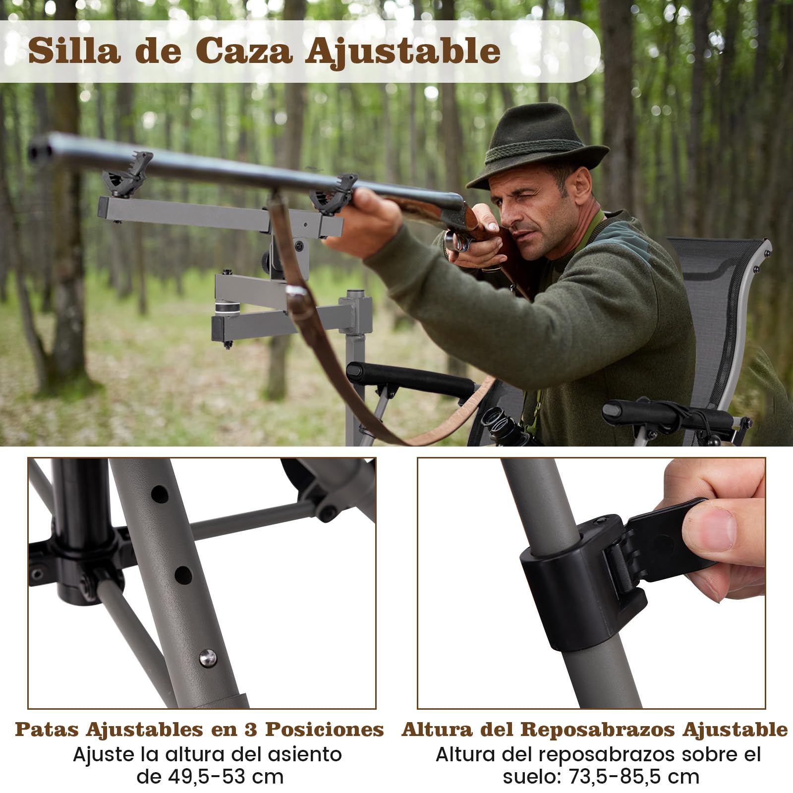 COSTWAY Silla de Caza Giratoria 360, Soporte para Arma, Patas y Reposabrazos Ajustables, Silla de Caza Plegable y Portátil con Correa para Hombro, Carga 150kg, 62 x 62 x 102 cm, Negro