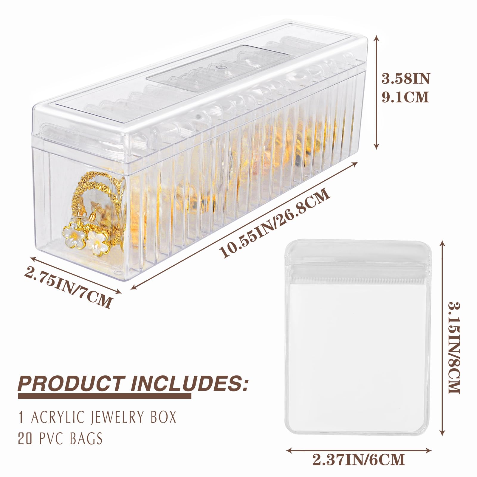 Joyero de acrílico organizador de joyas transparente con tapa, estuche de almacenamiento de viaje, para aretes, anillos, collares, caja transparente de 2 piezas, con 40 bolsas de joyería 4