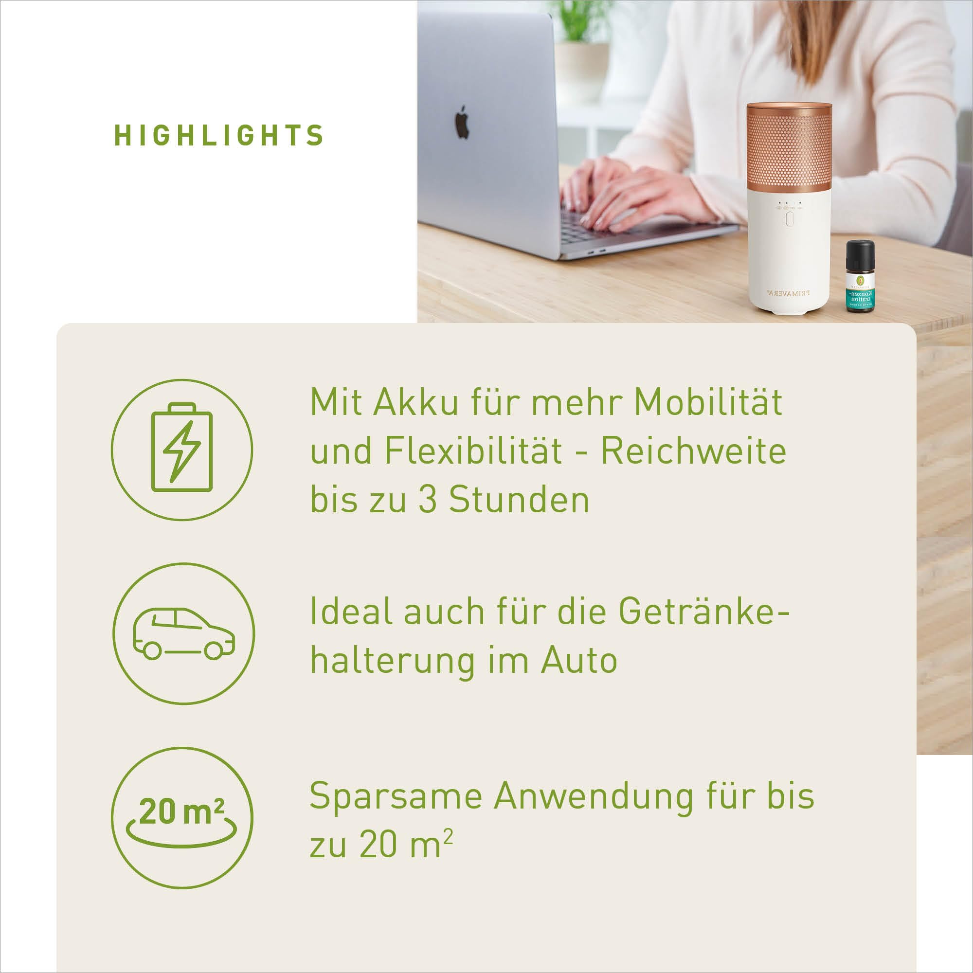 Primavera Aroma Vernebler Traveller – kabellos, kompakt, vielseitig – elektrische Duftlampe, Diffuser, Raumduft – für ätherische Öle und Duftmischungen – Aromatherapie
