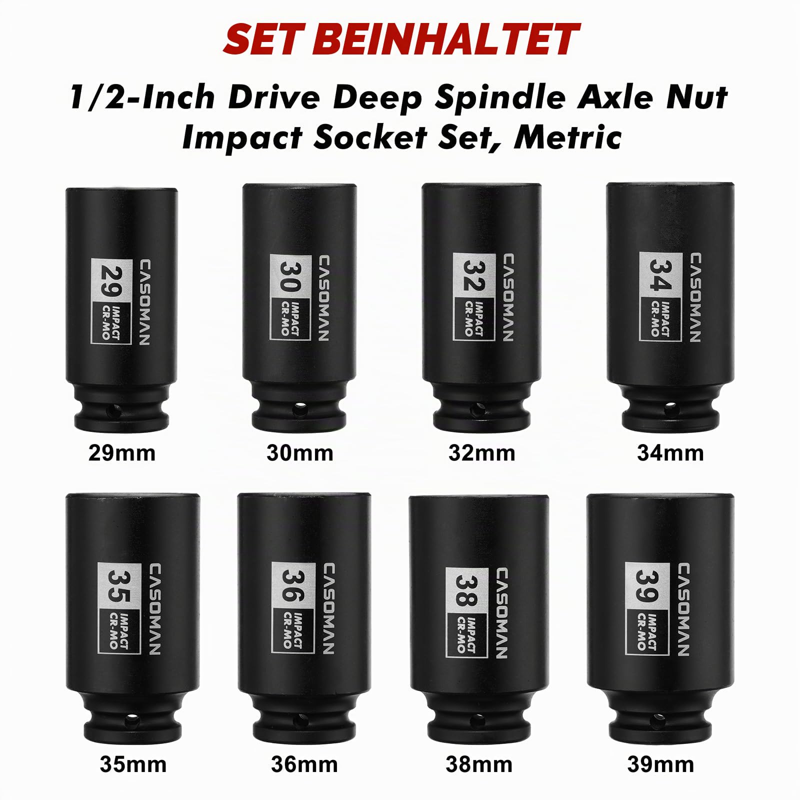 CASOMAN 8PCS 1/2-Inch Drive Deep Spindle Axle Nut Impact Socket Set,12 Point, Metric, CR-MO, 29,30, 32, 34, 35, 36, 38, 39mm