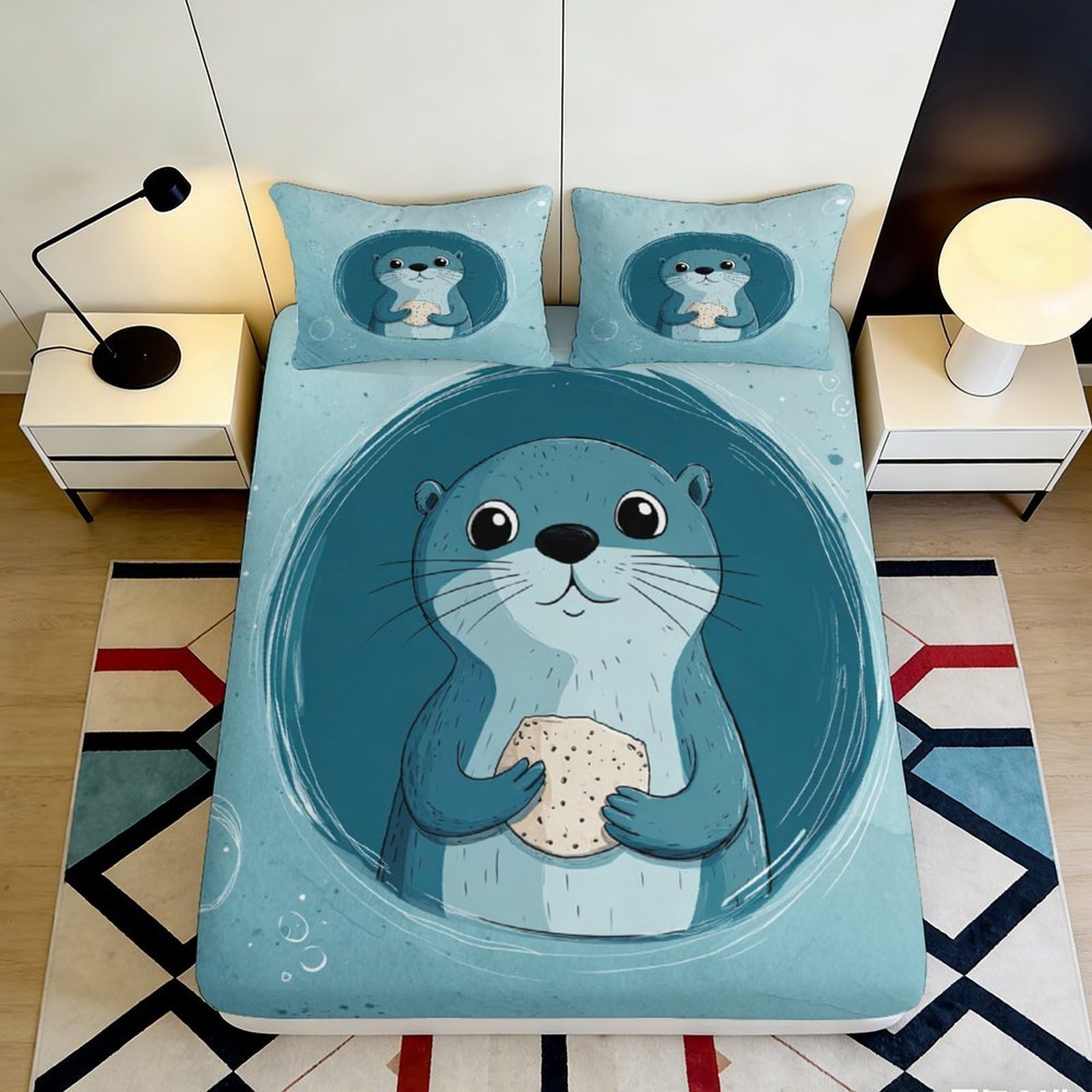3D Printed Cute Otter Fitted Sheet Microfiber Soft Durable Blue Bed Cover with 3D Design Mattress Cover for Bedroom Dormitory Guest Room 140x200x25cm