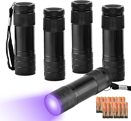 yikosam 5 Linternas de Luz Negra UV a Granel, 9 LED 395-400nm Mini Linterna de Luz Negra Portátil de Mano Detector de Orina de Mascotas para