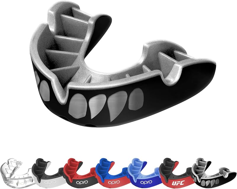 OPRO Silver Level Moldable Mouth Guard Essential Fit (Black/Silver Jaws) Adult & Kids Boxing Mouthguard for MMA & Impact Sports, Self-Fit Mouth Guard for Sports, Football, Hockey - Includes Case