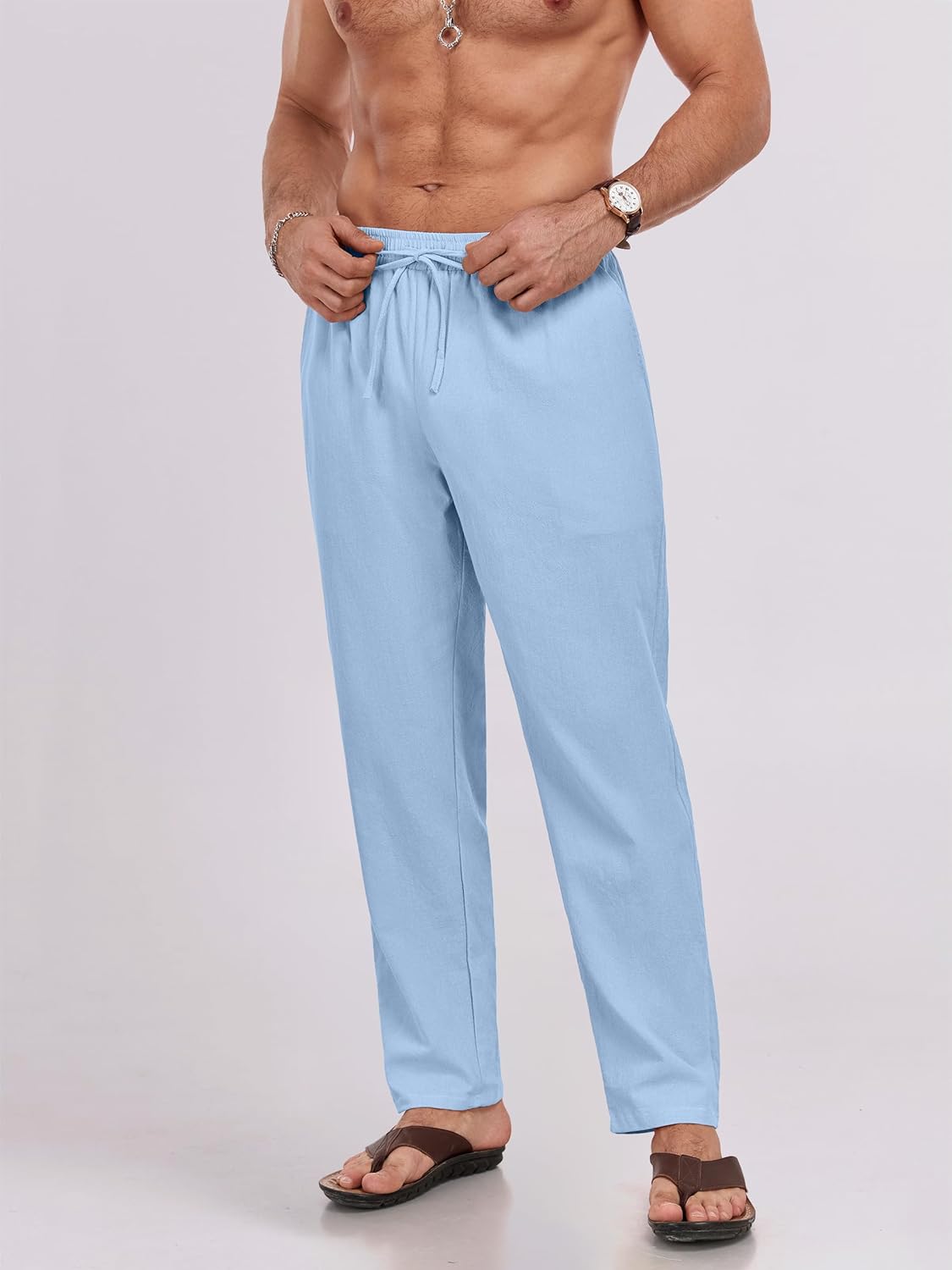 Puimentiua Mens Linen Pants Casual Drawstring Loose Lightweight Mens Pants Yoga Summer Beach Trousers - Image 6