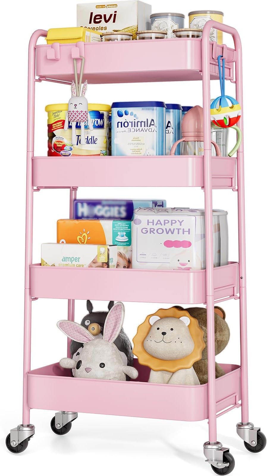 TOOLF 4 Tier Metal Rolling Cart, Utility Storage Cart with Wheels, Pink
