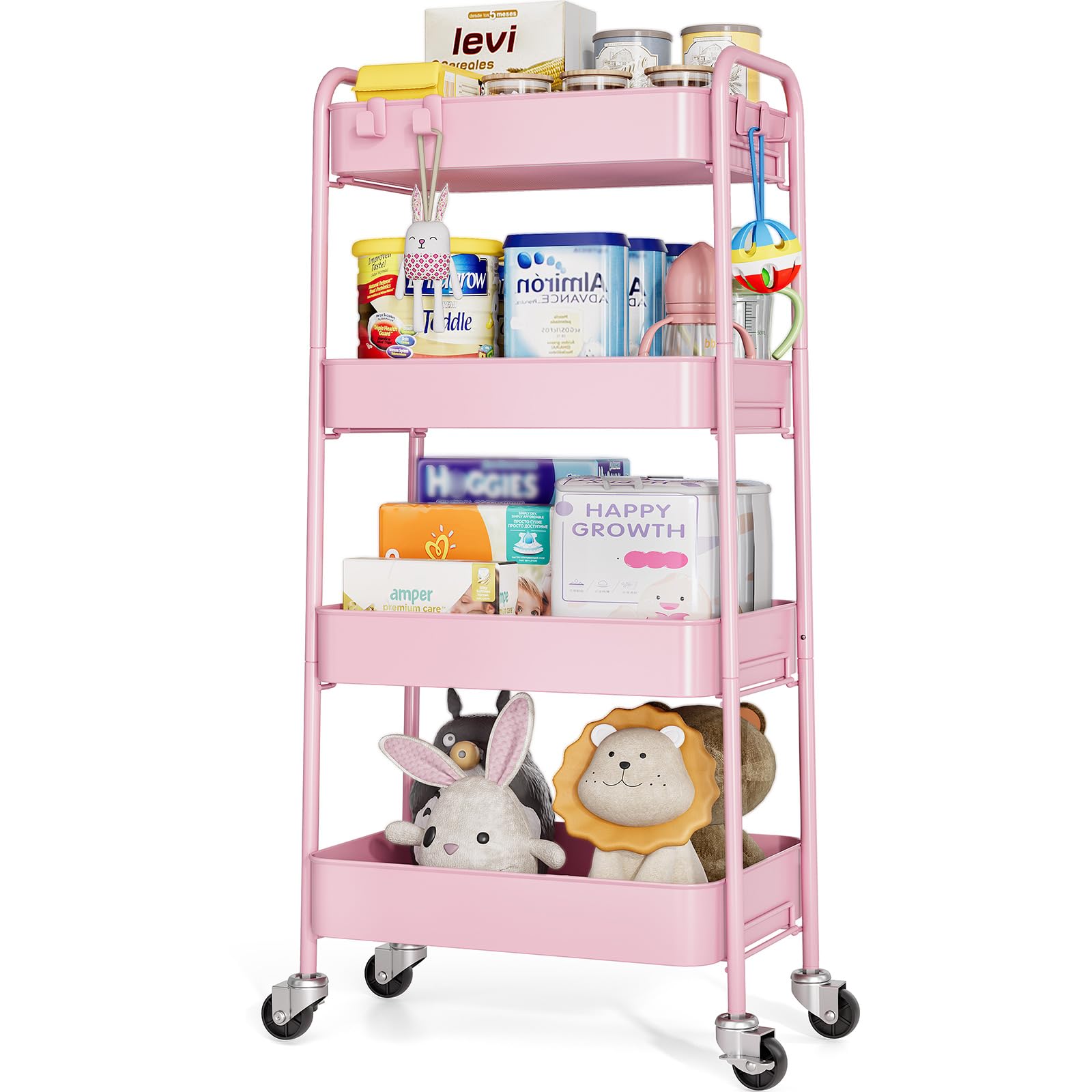 KINGRACK 4 Tier Metal Storage Trolley on Wheels, Beauty Book Craft Tea Art Trolley for Home Bathroom Kitchen Laundry, No screws needed Easy Rolling Utility Cart Mobile Storage Shelving Organizer