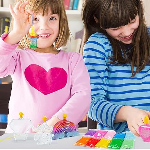 Miniatura 5 de Shindel Kits de arte de arena para niños, 36 piezas de pintura de arena para manualidades, 8 formas de botellas, 10 colores surtidos y 2 bolsas de