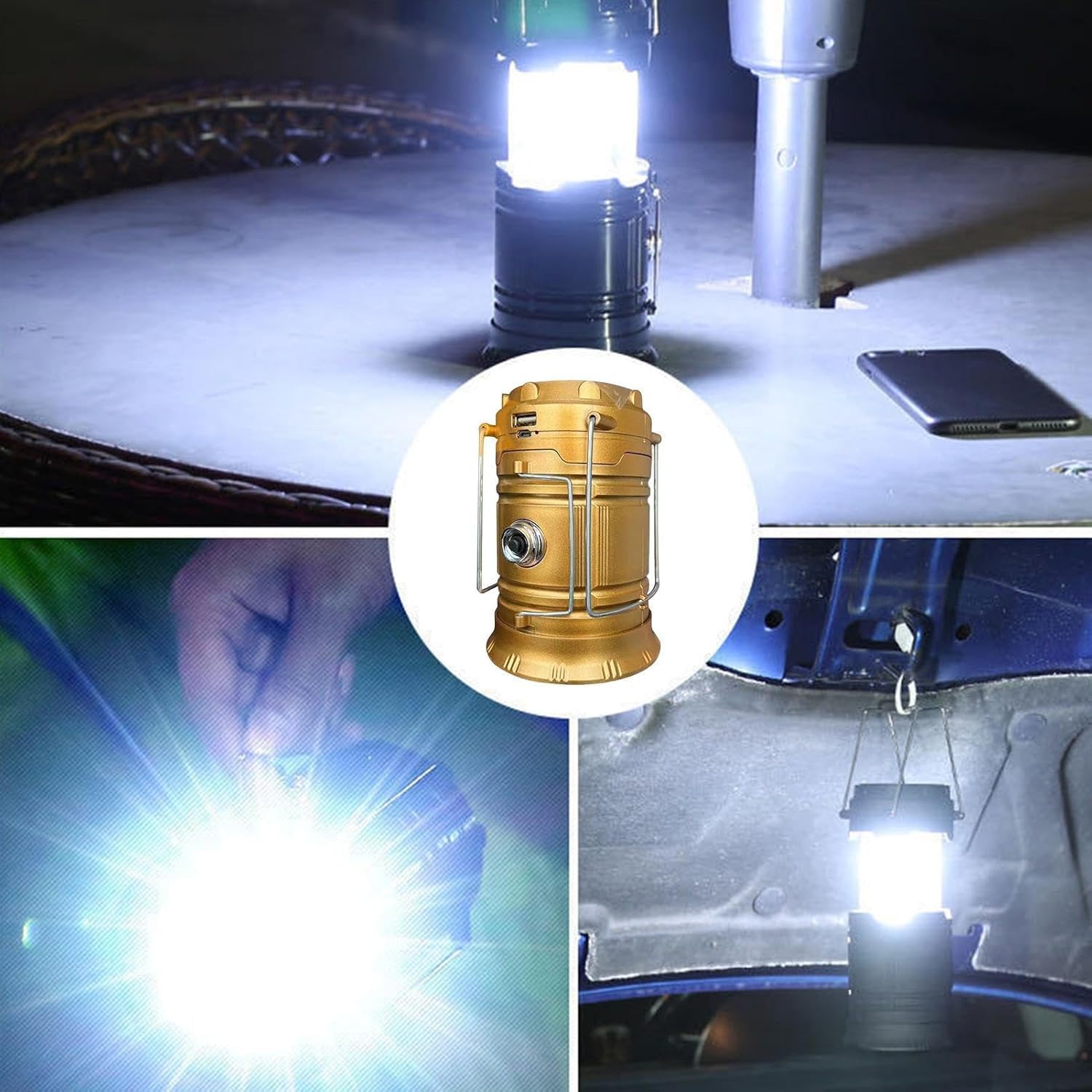 Lanterna solare da campeggio ricaricabile a LED, portatile, pieghevole, a sospensione, con 3 modalità, lampada impermeabile per esterni, per campeggio, escursionismo, viaggi, emergenza power bank
