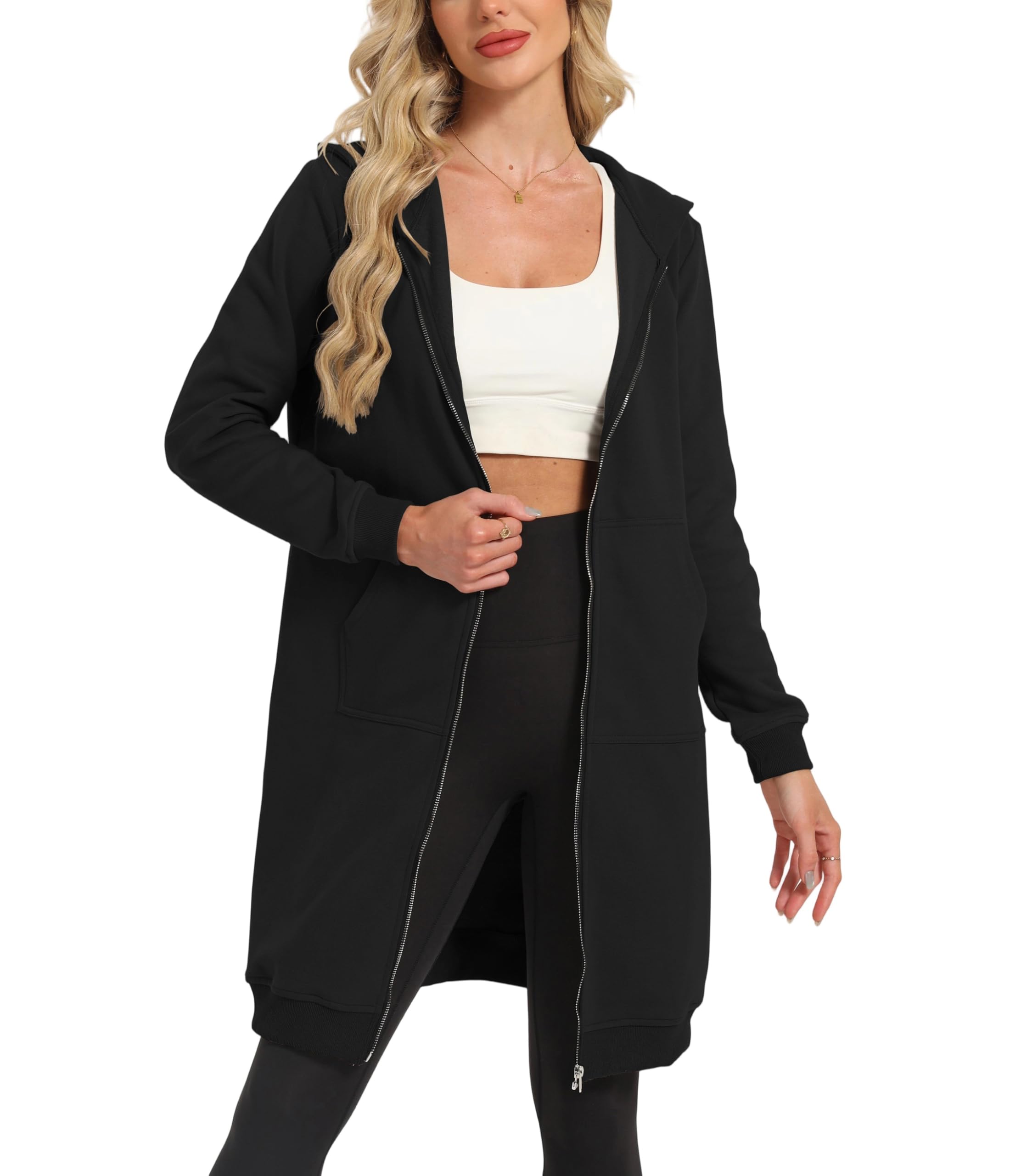 Timuspo Veste à capuche longue pour femme - Douce et ample - Couleur unie - Fermeture éclair - Sweat à capuche surdimensionné et chaud - Avec poches