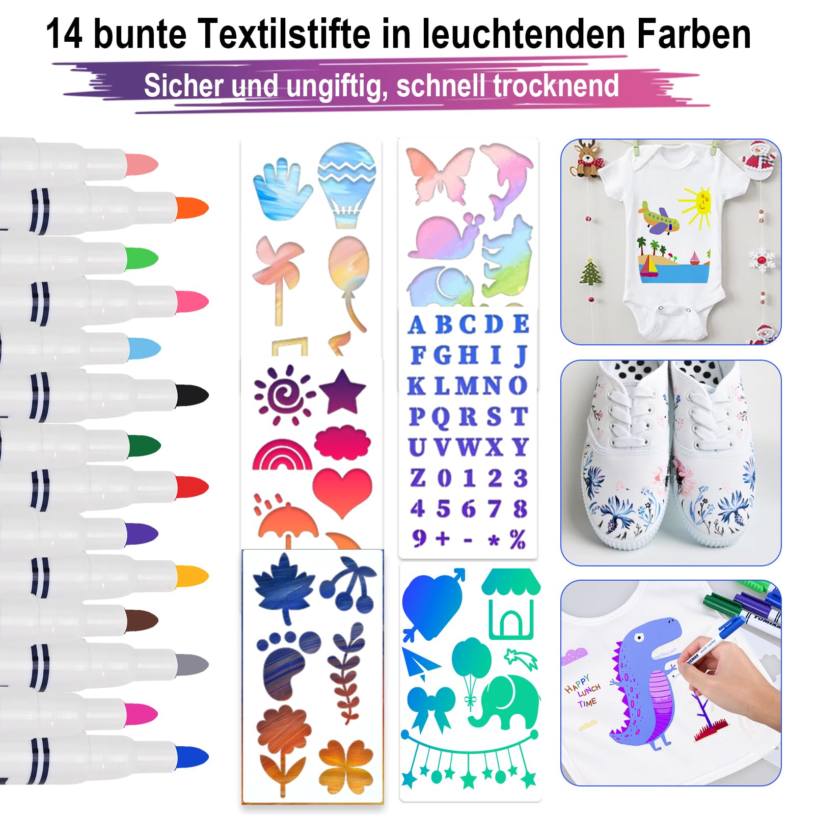 Tigvio Bavoir à peindre, pour fête prénatale, avec body à manches courtes (38 x 21 cm) + 14 stylos textiles colorés + 5 pochoirs pour fête prénatale, grenouillère pour bébé