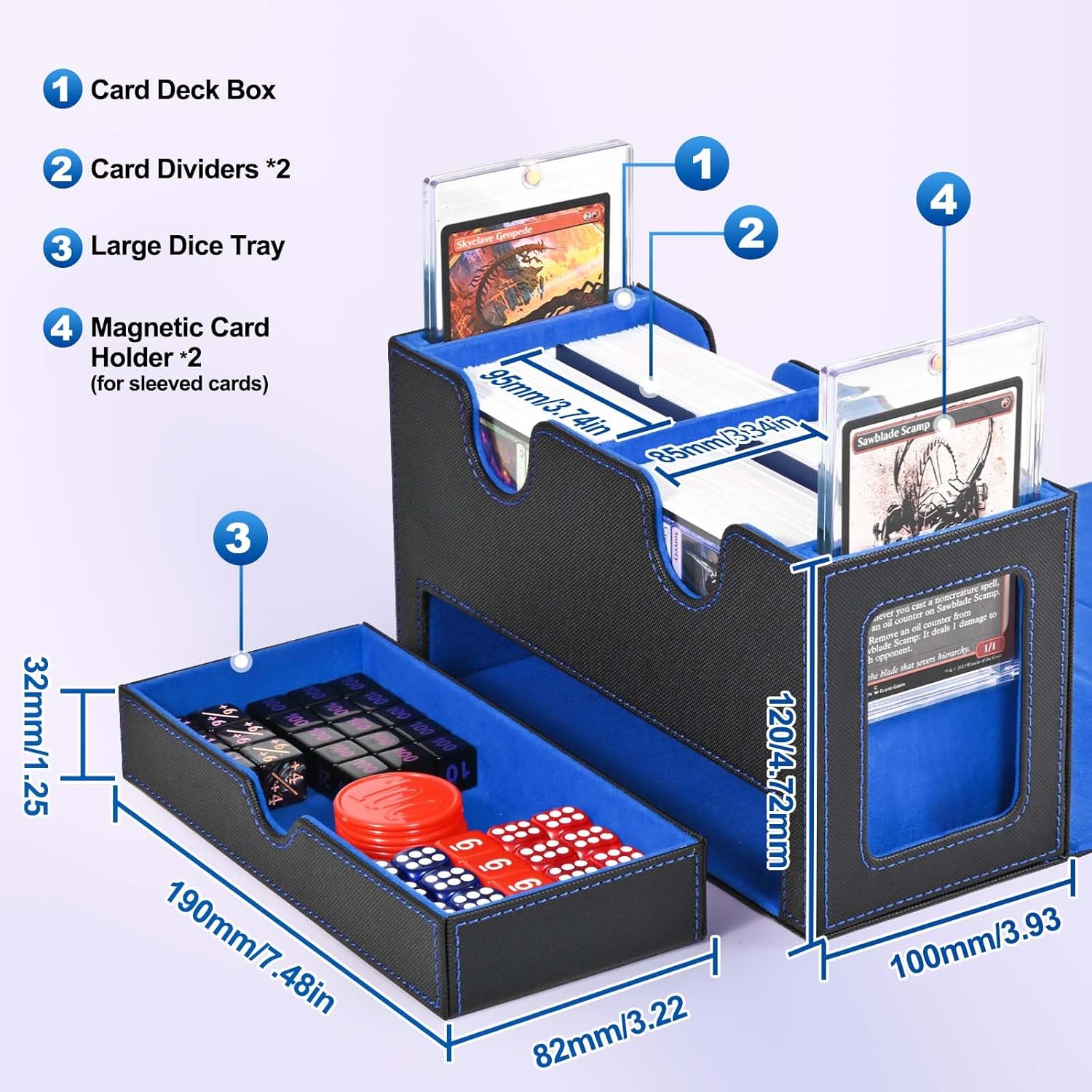UAONO Card Deck Box for MTG, Double Deck Storage Box with 2 Commander Display & 1 Dice Tray, Fits 200+ Double Sleeved, Card Organizer for CCG TCG Sports (Black Blue)