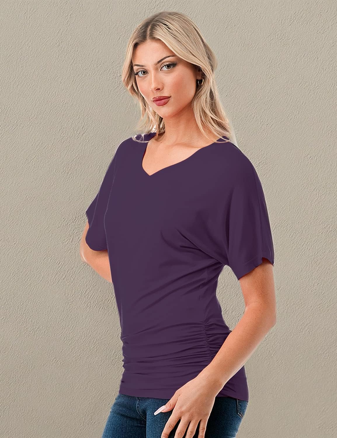 Women's Short Sleeve V-Neck Casual Dolman Top with Side Shirring (S-XXL) - Image 9