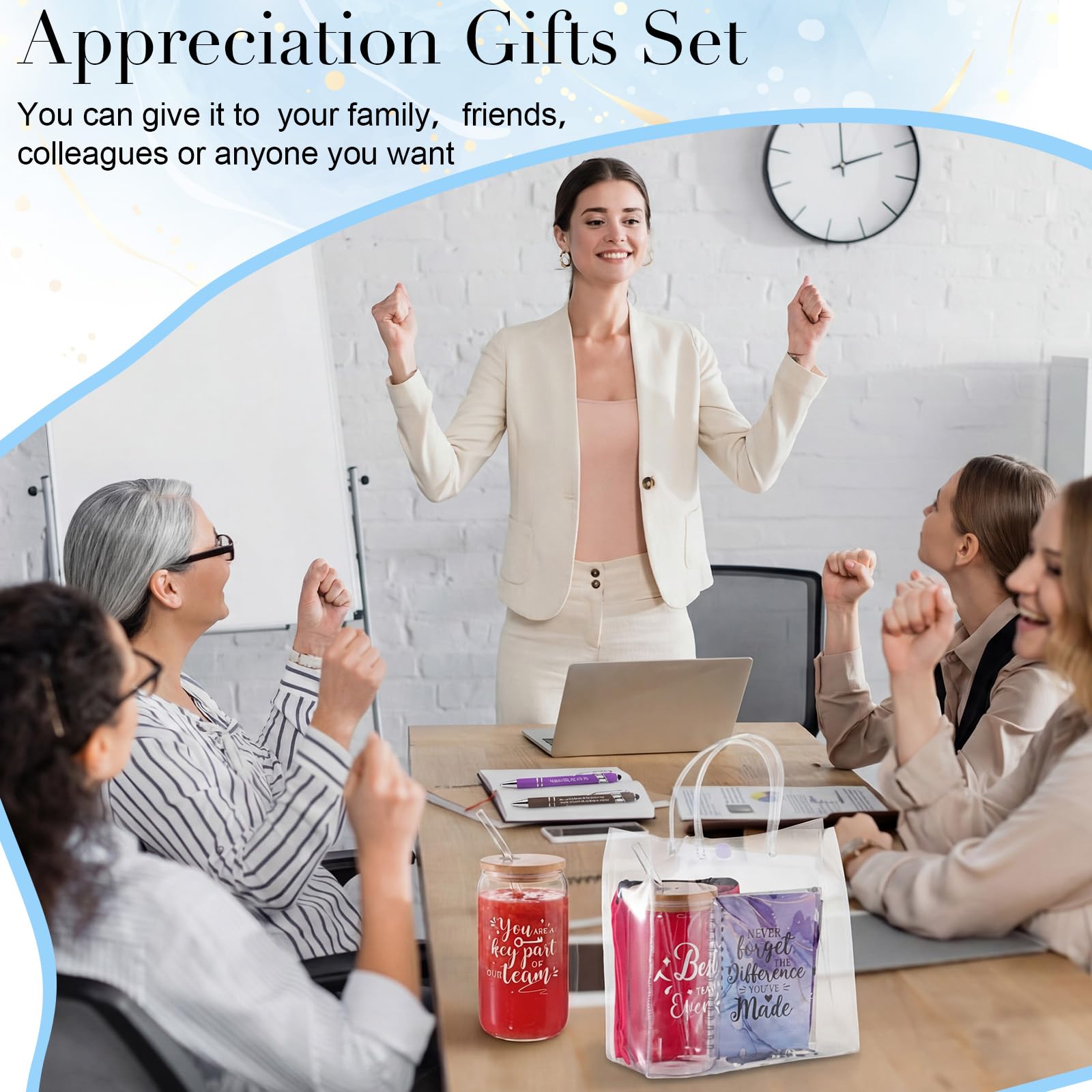 8 Set/48 Pcs Employee Appreciation Gifts Bulk with Gift Bags Colorful Marble Style Notebook Pen 16oz Glasses Cup Makeup Bag Keychain- Women Assistants Secretary Coworker Nurses Team