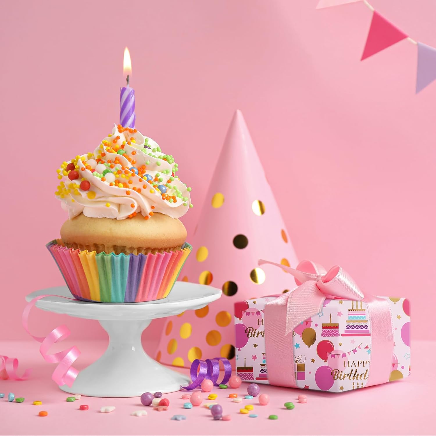 Aimyoo Pink Birthday Wrapping Paper Roll - 17 Inch X 32.8 Feet - Gold Foil Celebration Cake, Balloon, Happy Birthday Lettering Design Gift Wrap for Kids, Baby Showers - Image 5