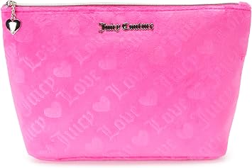 Juicy Couture Pink Makeup Bag Cosmetics Organizer Travel Essentials Zip Top Wedge Velour Heart Love