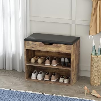 AIEGLE Storage Bench with Flip-up Door & 3 Compartments, Modern Entryway Bench with Padded Cushion, Wooden Shoe Bench Shoe Rack for Entryway, Bedroom, Hallway, Rustic Brown