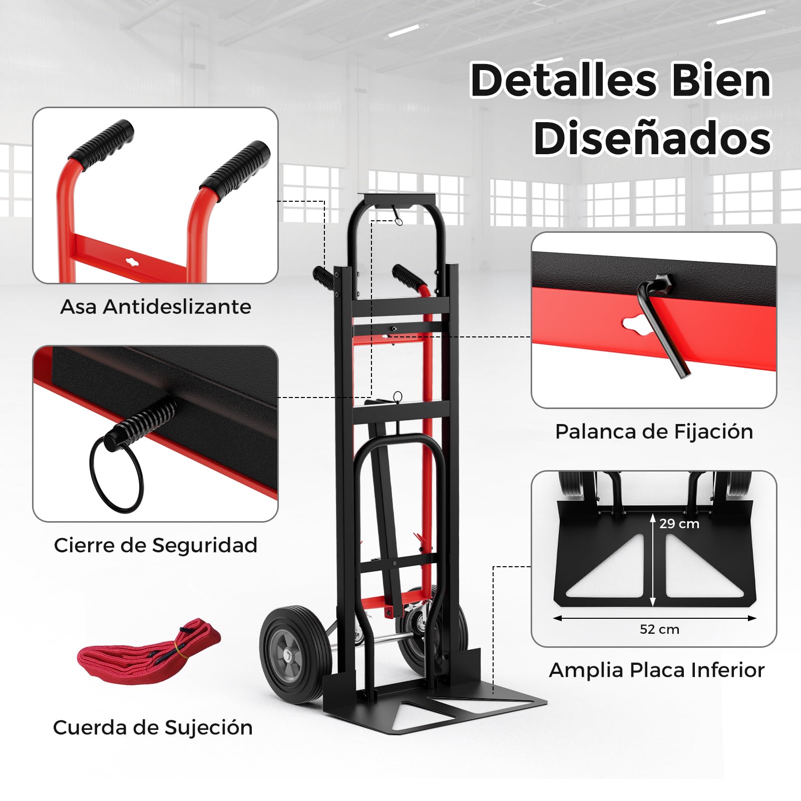 COSTWAY 3 en 1 Carretilla de Mano Plegable, Carretilla de Transporte Convertible con 4 Ruedas de Goma, Cuerda de sujeción, Carretilla de Carga Industrial con Plataforma Plegable, Carga 450 kg (Rojo)