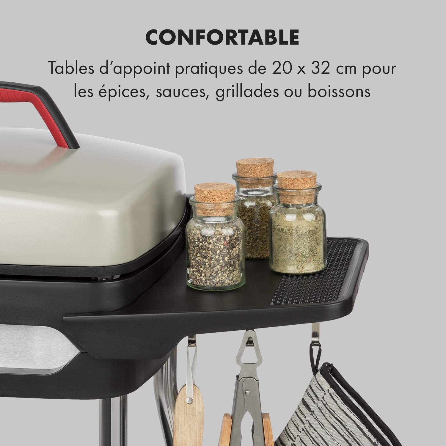 Klarstein Gatsby Gril de table électrique sur pied : 2000 W, EasyGrill Concept, surface de gril: 40 x 36 cm/aluminium moulé sous pression/antiadhésif/couvercle, deux tables d'appoint, beige/noir