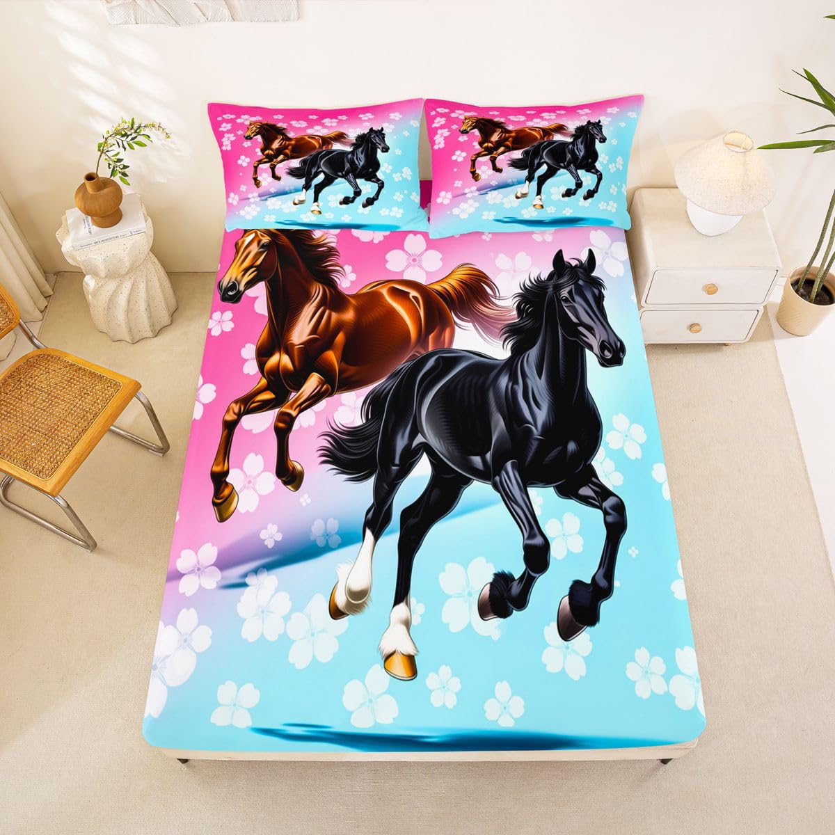 Homemissing Sábana bajera ajustable de 16 pulgadas de profundidad con diseño de caballo galopante para niños y niñas, con 2 fundas de almohada, para decoración de habitación