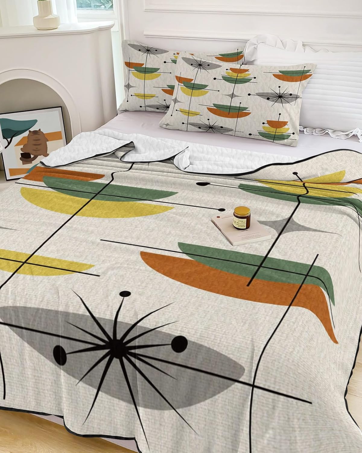Full Size Quilt Set, Mid Century Color Block Lightweight Bedspread Coverlet Set Soft Microfiber Summer Quilt with 2 Pillow Shams, Abstract Geometric Retro Linen 3 Piece Comforter Bedding Set