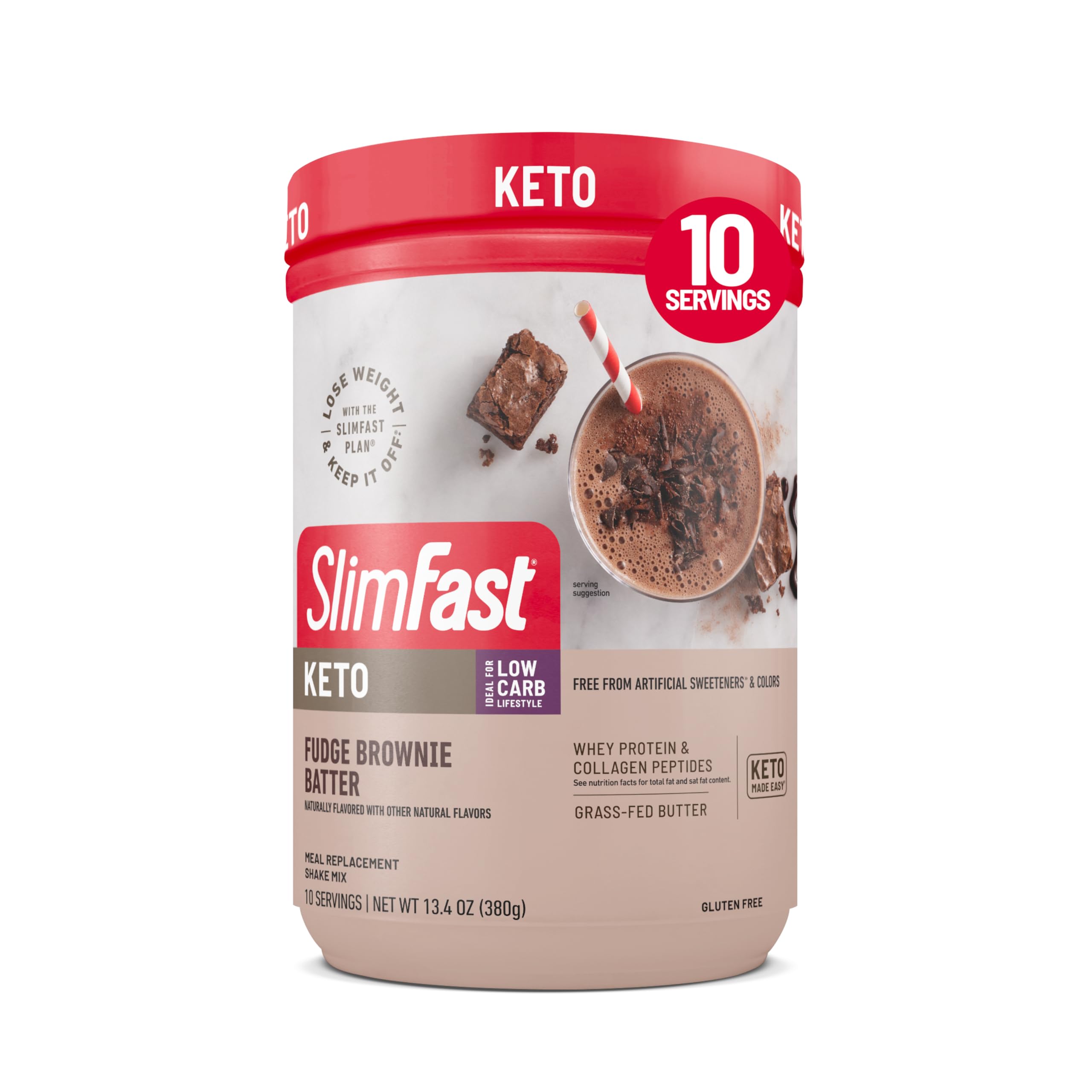 SlimFast Keto Meal Replacement Shake, Fudge Brownie Batter, Low Carb Keto Protein Powder with Collagen & Whey, No Sugar Added, Gluten Free, Weight Loss Support, 10-Serving Canister
