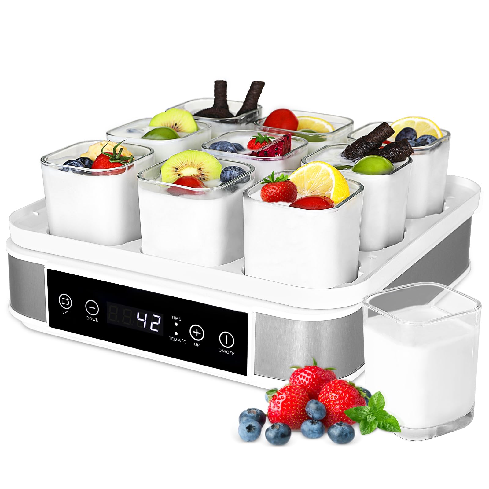 Joghurtbereiter, Automatischer Digitaler Joghurt Maker, Griechischer Joghurtmaschine mit Temperatur- und Timer, mit 9 170 ml Joghurtbechern, Perfekt für den Heim-Bio-Joghurt, BPA-frei, 40 W