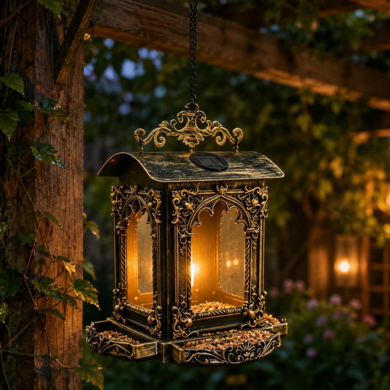Mangiatoia per Uccelli da Esterno Mangiatoio Sospeso Distributore Appendibile Lanterna Solare in Struttura a Catena Adatta per Giardino Balcone, Stile Retrò Migliorato Con Pannello Solare