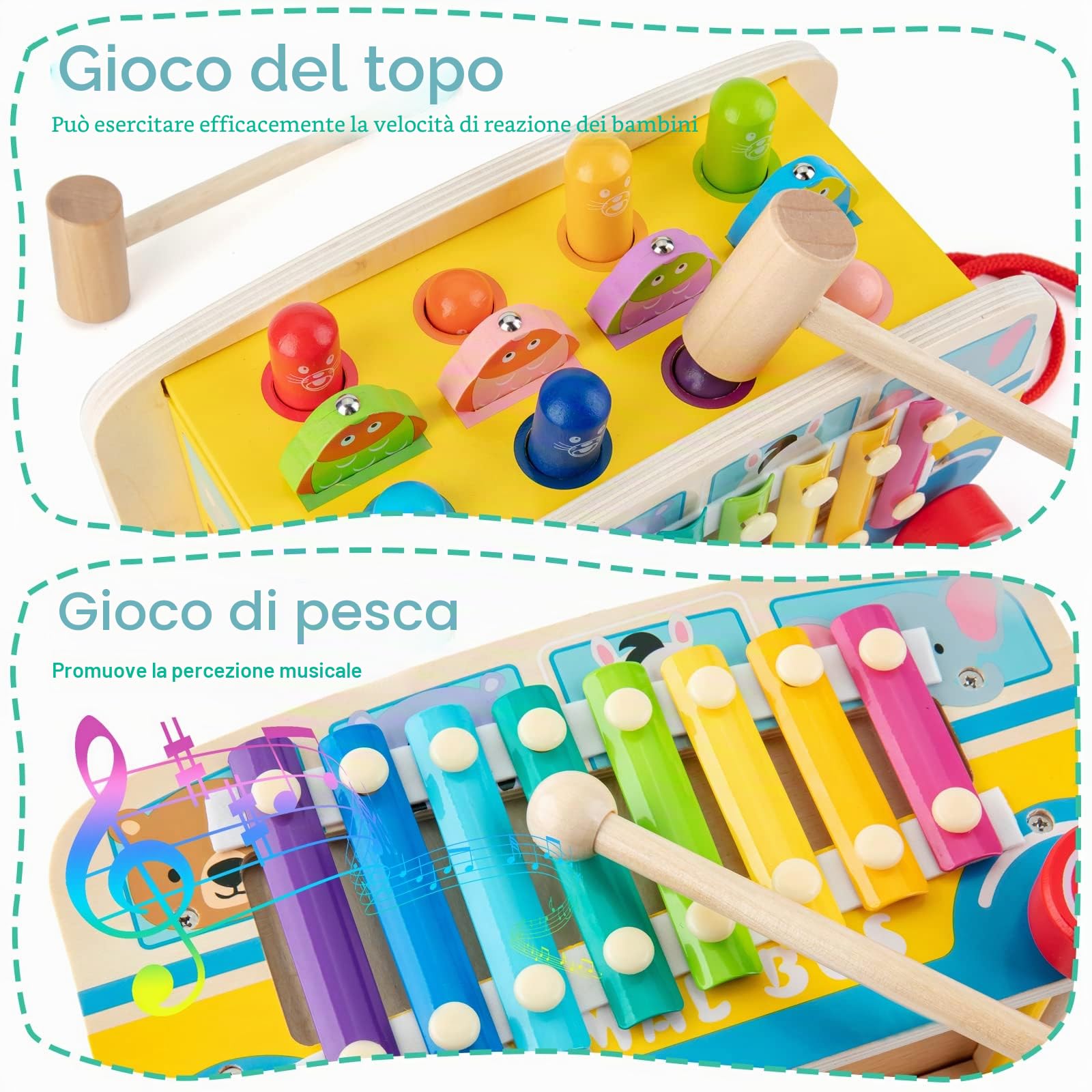 Sundaymot Giochi Montessori 3 Anni, Gioco per Bambini 4 in 1 con Xilofono, Pesca, Whack-a-Mole, Regalo Bambino 3 4 5 6 Anni per Natale, Festa dei Bambini, Compleanno