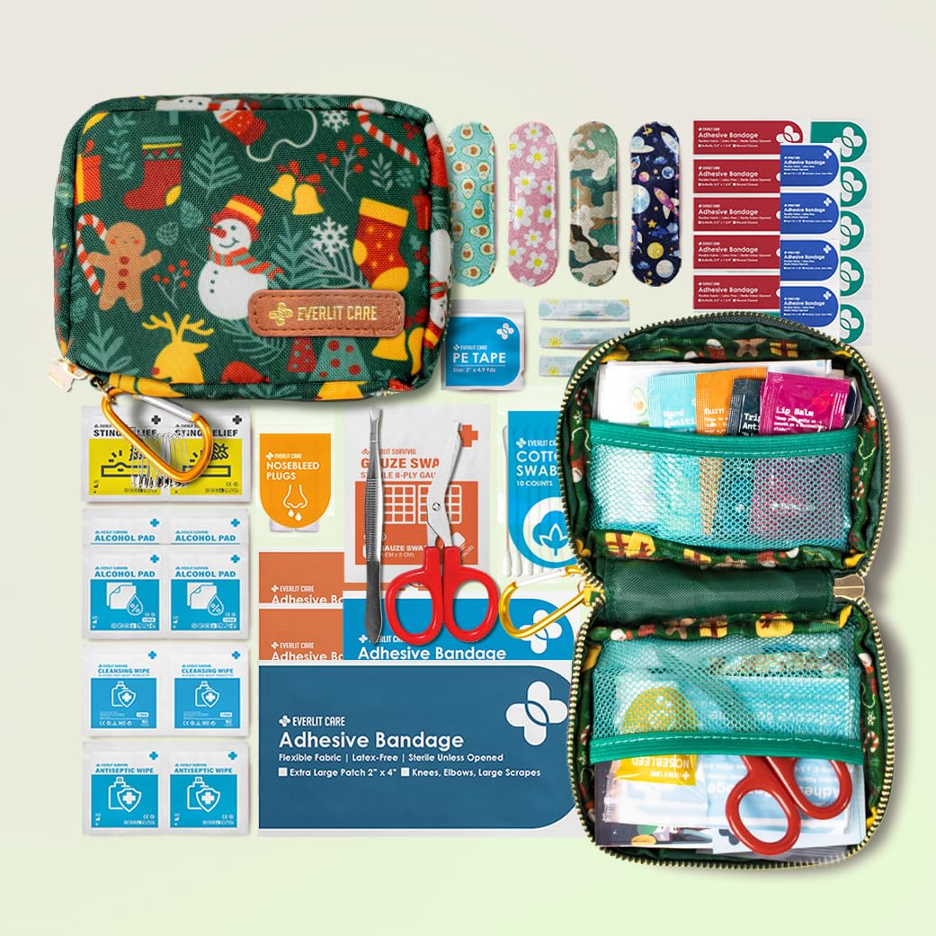 Everlit Mini-Rettungs-Set, 105 medizinische Essentials organisiert in tragbarer Aufbewahrungstasche, Erste-Hilfe-Set für Kinder mit D-Ring, kleines familienfreundliches Reise-Medizin-Set (Weihnachten)