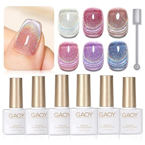 GAOY Juego de esmaltes de uñas de gel de ojo de gato con purpurina arcoíris, 6 colores holográficos brillantes, kit de uñas de gel para arte de