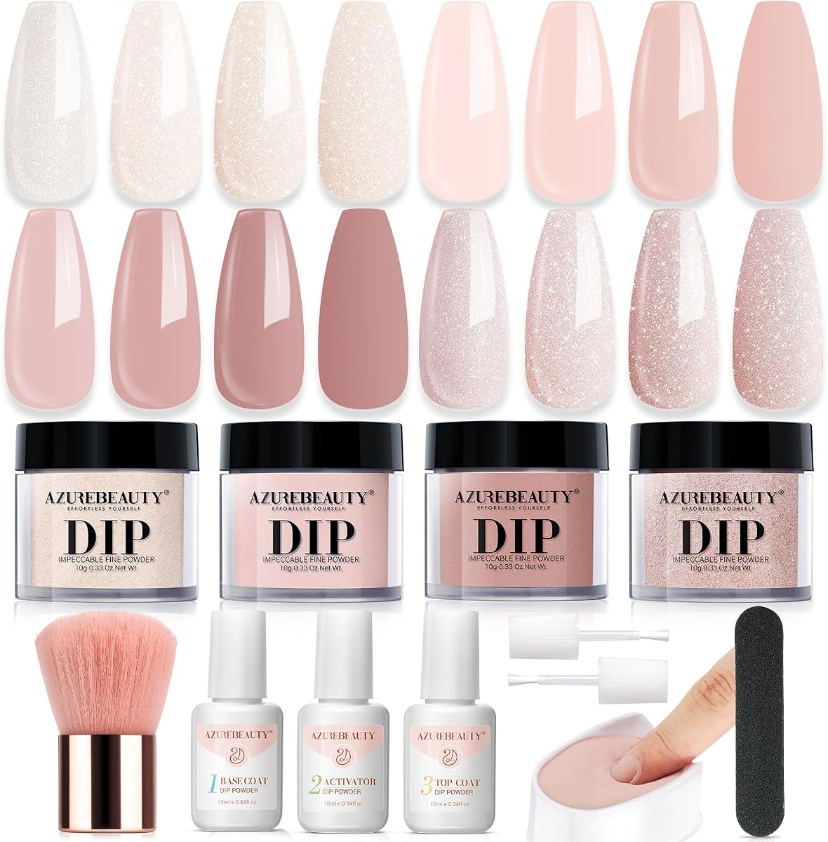 AZUREBEAUTY Dip Powder Nail Kit Starter, All Season Nude Skin Glitter 4 Colors Dipping Powder Liquid Set Recycling Tray with Base & Top Coat Activator for French Nail Art Manicure Salon DIY at Home. | All Season Nude Skin Glitter Dipping Powder Liquid Set Recycling Tray with Base & Top Coat Activator for French Nail Art