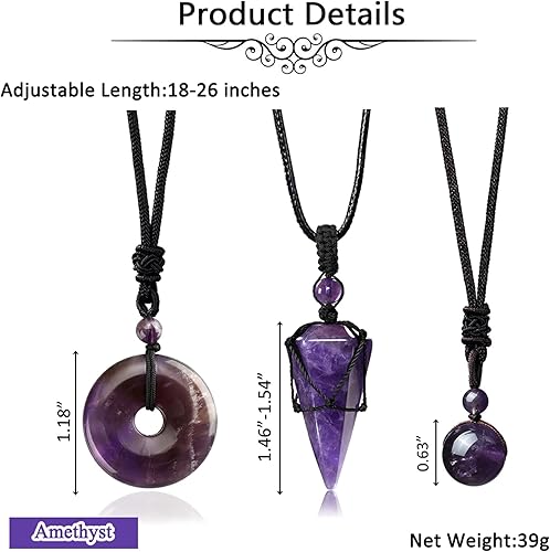 Miniatura 5 de Jovivi Juego de 3 collares de piedra de cristal curativo para hombres y mujeres, amatista natural, obsidiana negra, ojo de tigre, piedras preciosas