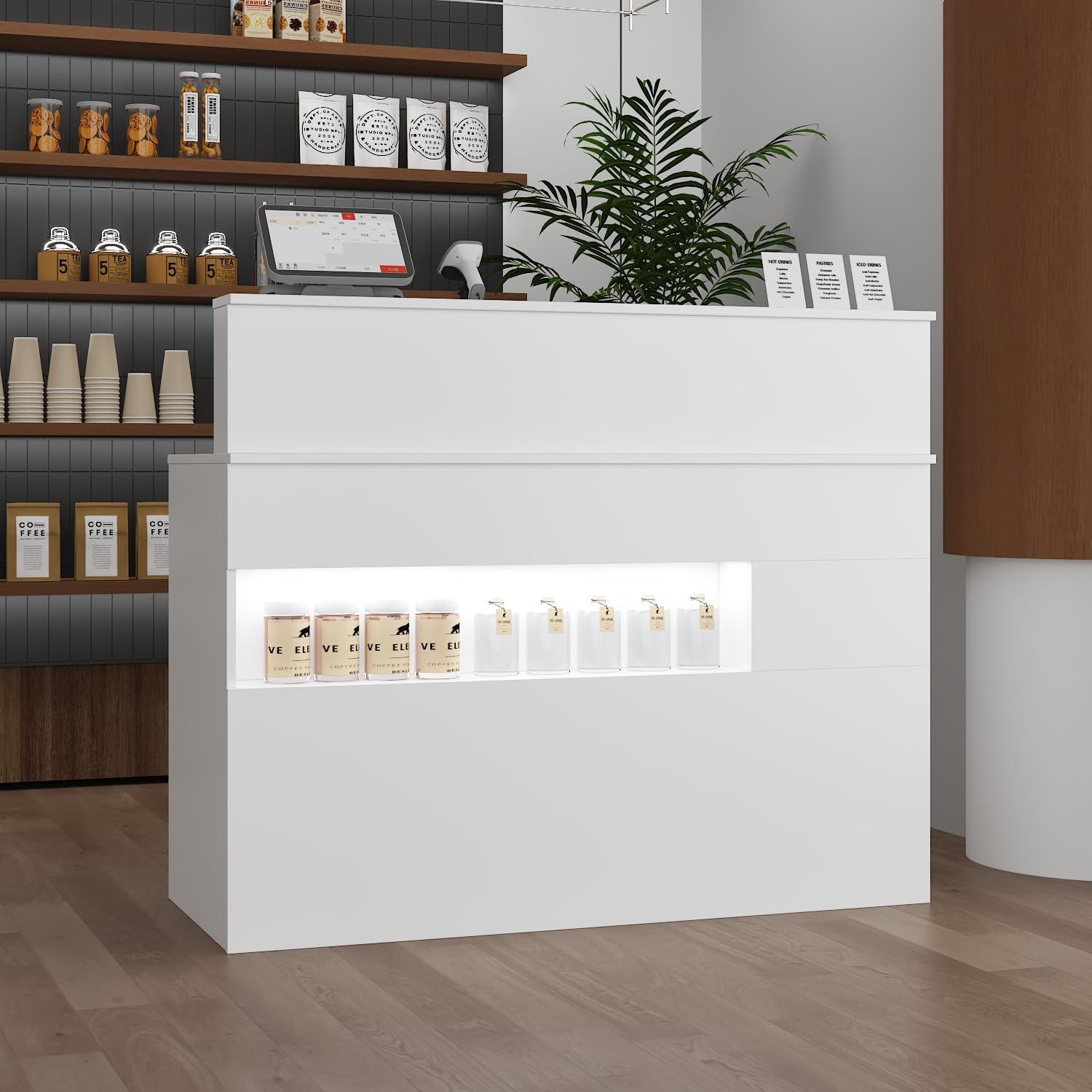 Empfangstheke,Begrüßungstheke mit LED-Lichtern,Rezeptionstheke mit 2 Schubladen,Empfangstisch mit Tür+Tastaturschublade,abschließbar,für Cafe,Tierkliniken,Restaurant,120x50x100cm,weiß