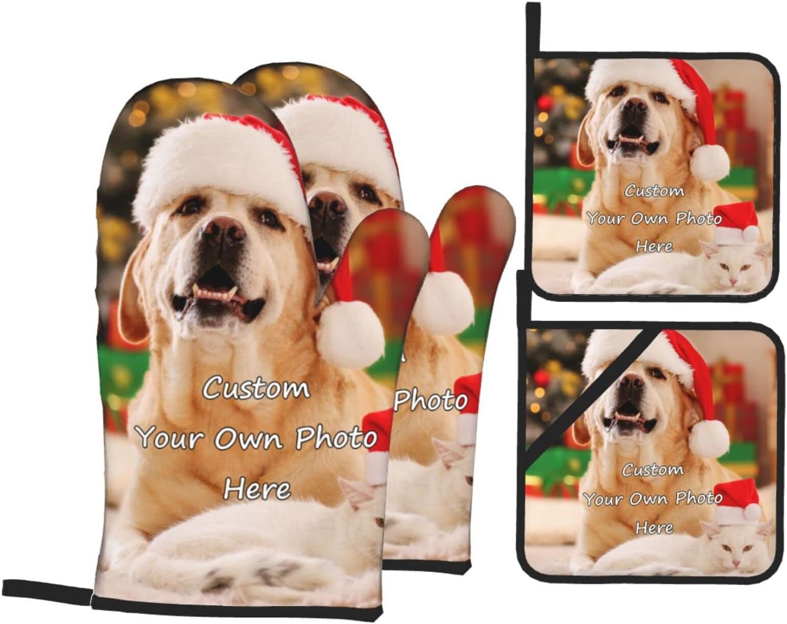 Custom Heat Resistant Oven Mitts and Pot Holders Personalized Picture Logo Text Customized Non-Slip Oven Mitt Set for Kitchen Cooking Baking Grilling Glove and Safe Mats Gift
