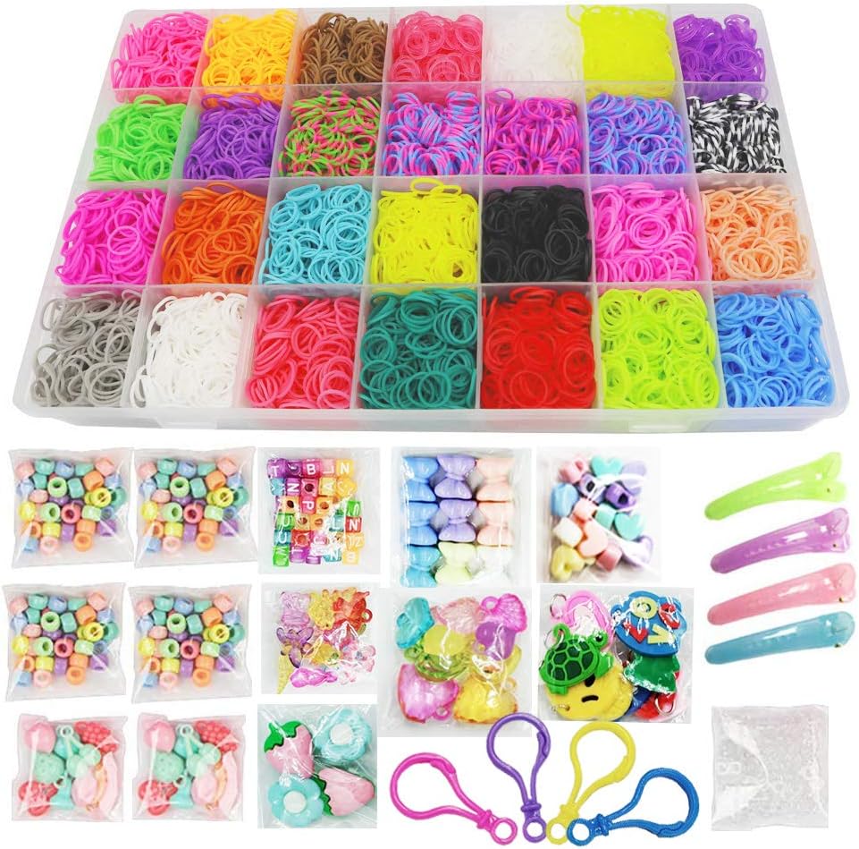 Kin Loya Loom Rubber Band Bracelt Making Kit for Kids, Loom Kit 10000pcs Loom Bands Refill, 10 Packs S Clips, 5 Packs Beads, 4 Packs Charms , 4pcs Hair Clips, 4pcs Resin Buttons, 4pcs Backpack Hooks