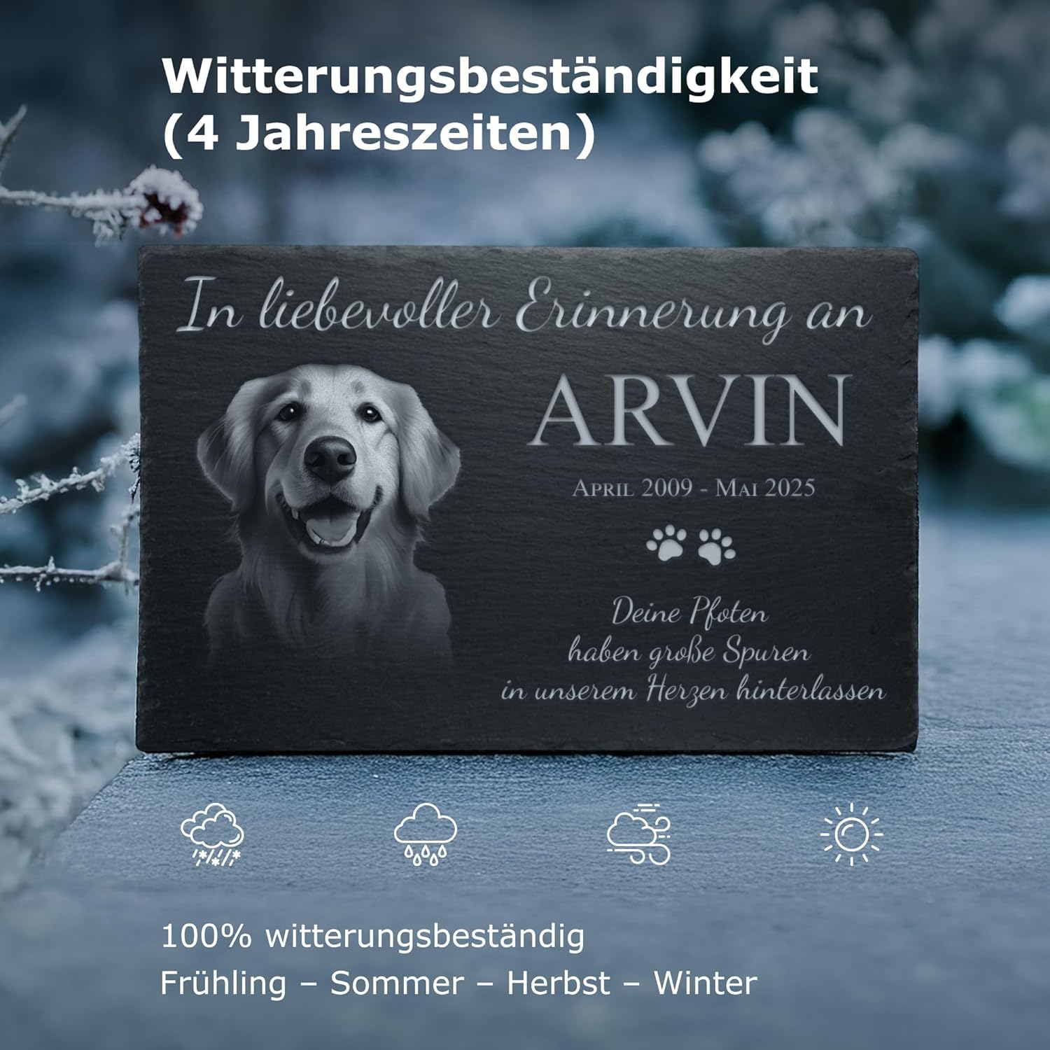 Hundegrabstein aus Schiefer – Personalisierter Grabstein für Hunde mit Foto & Gravur – Wetterfeste Gedenktafel für draußen mit Namen & Wunschtext – inkl. Pfoten-Schlüsselanhänger