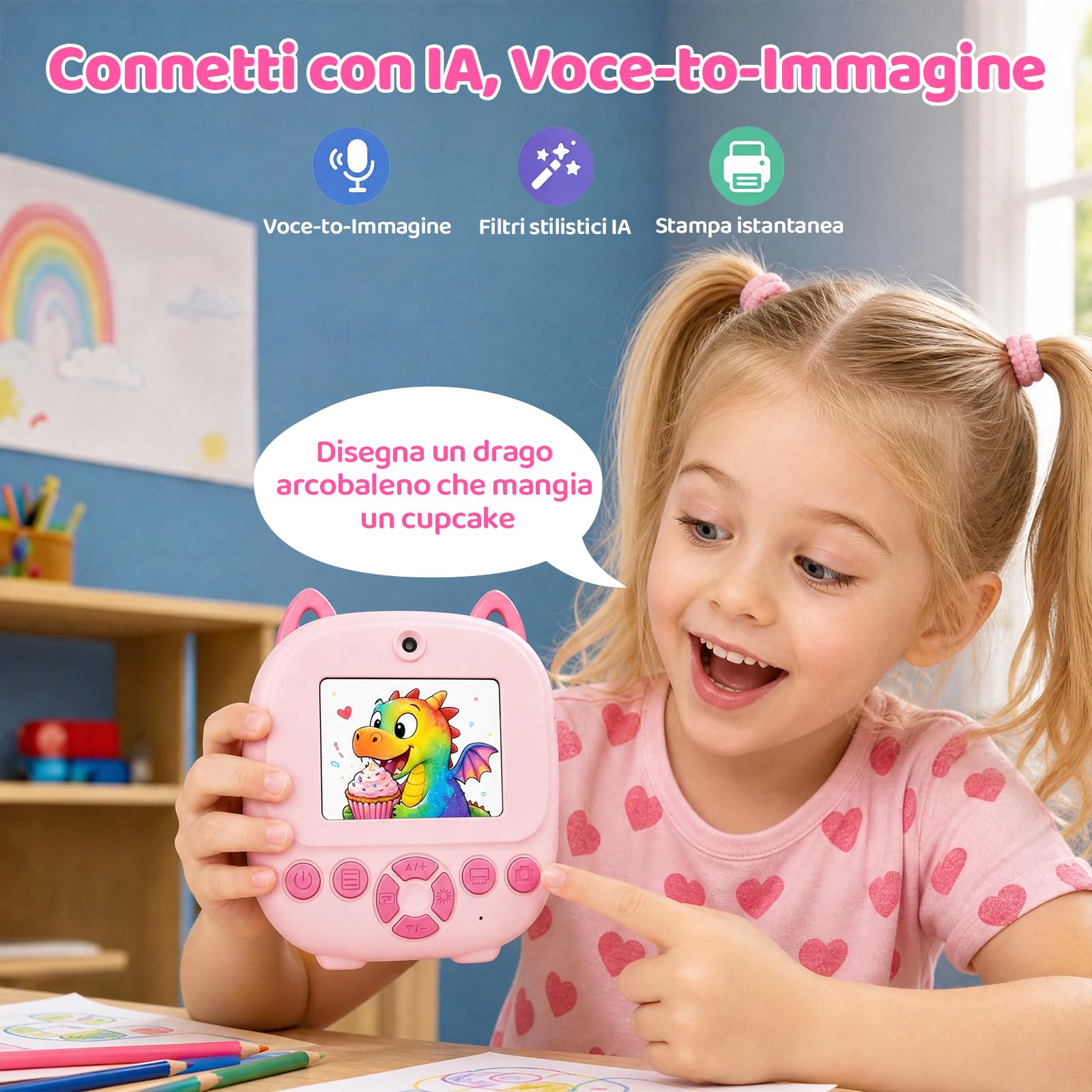 CHAKEYAKE Macchina Fotografica Bambini Istantanea, AI Riconoscimento Vocale E Immagini, Schermo da 2,4 Pollici, Funzione Foto & Video, Adesivi Creativi E Filtri, Regalo Per Ragazzi Ragazze, Rosa