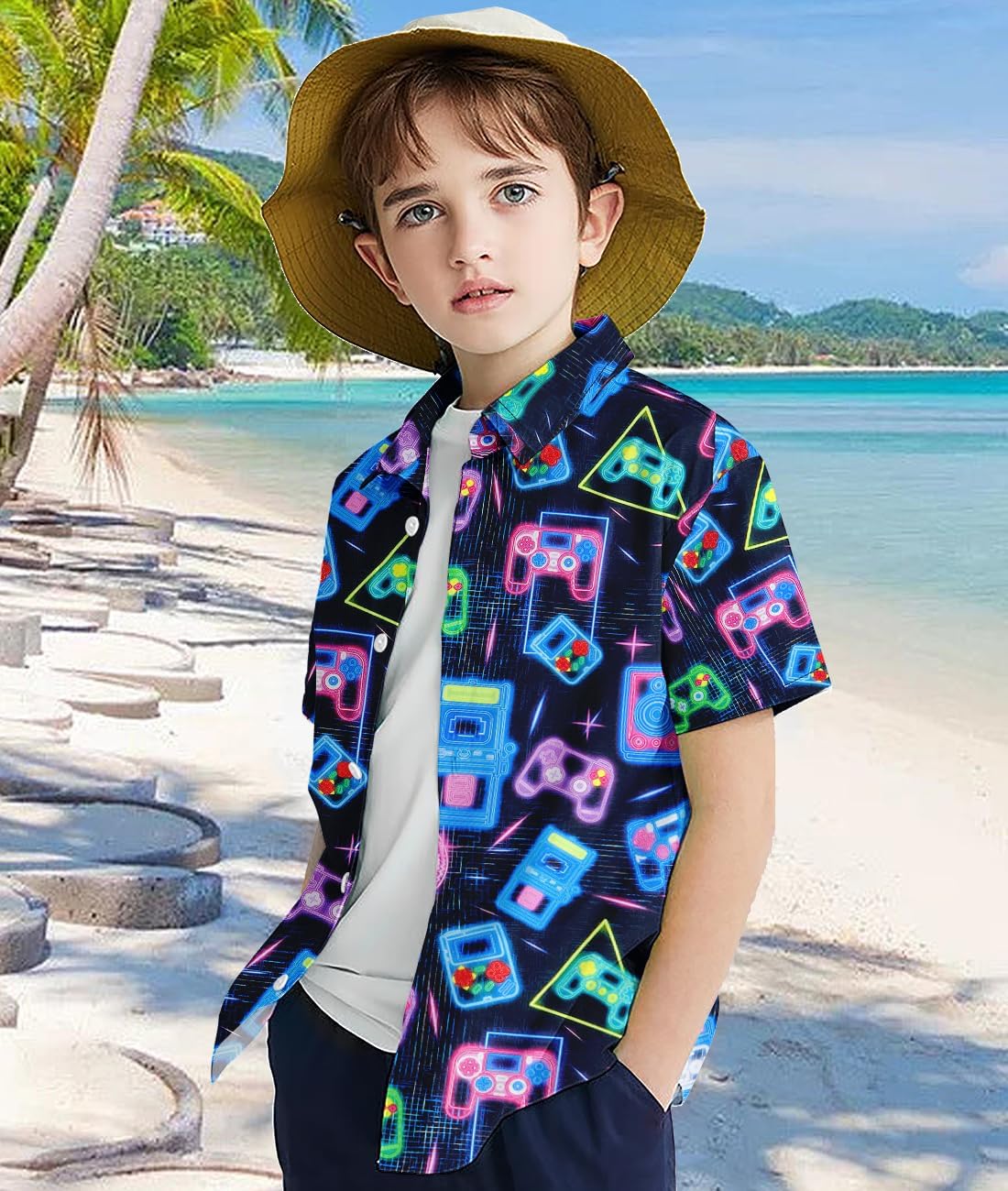 uideazone Boys Hawaiian Shirts Novelty Printed Funky Short Sleeve Button Down Shirt Kids Aloha Luau Shirt 7-14T - Image 7