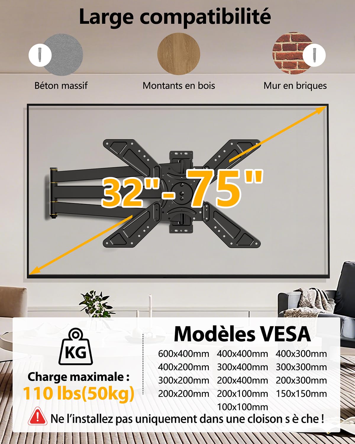 Support Mural TV à Bras Long 850mm pour Téléviseurs de 32-75 Pouces