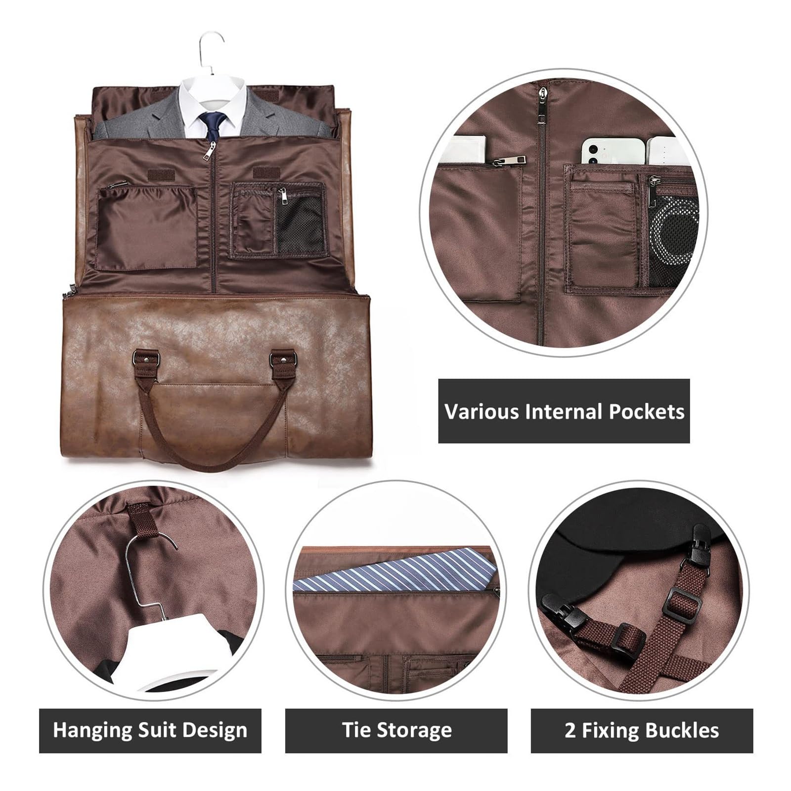 Carry On Garment Bag, Waterdichte Mens Garment Bag voor Travel Business, grote lederen plunjezak met schoen compartiment, Bruin2, standard size, Modern design
