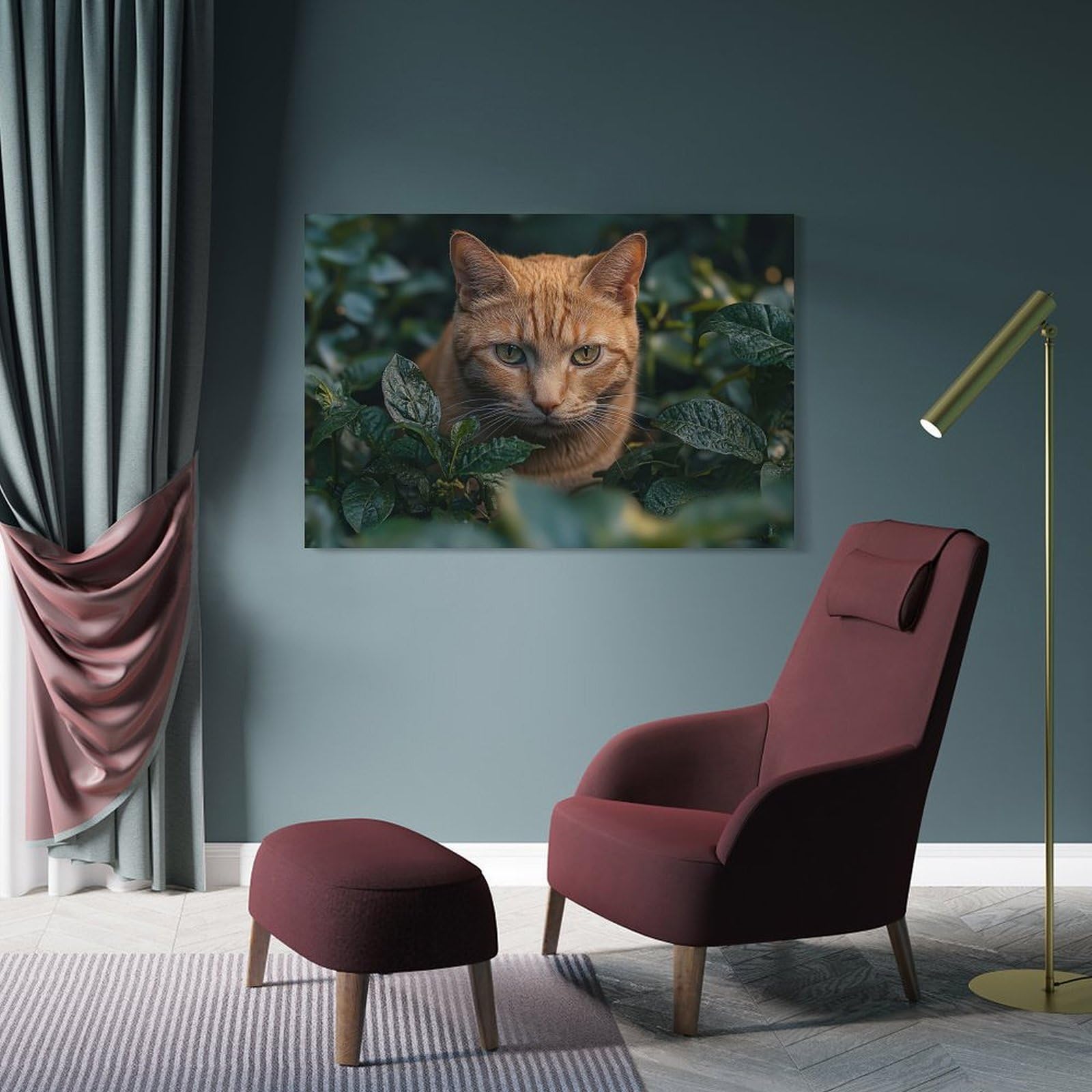 Junmoney Orange Cat Portrait in Green Foliage Canvas Wall Picture, 12x18inch(30x45cm), for Entrance Spaces, Stair Walls Or Halls, A Stylish Accent for Home Entrances