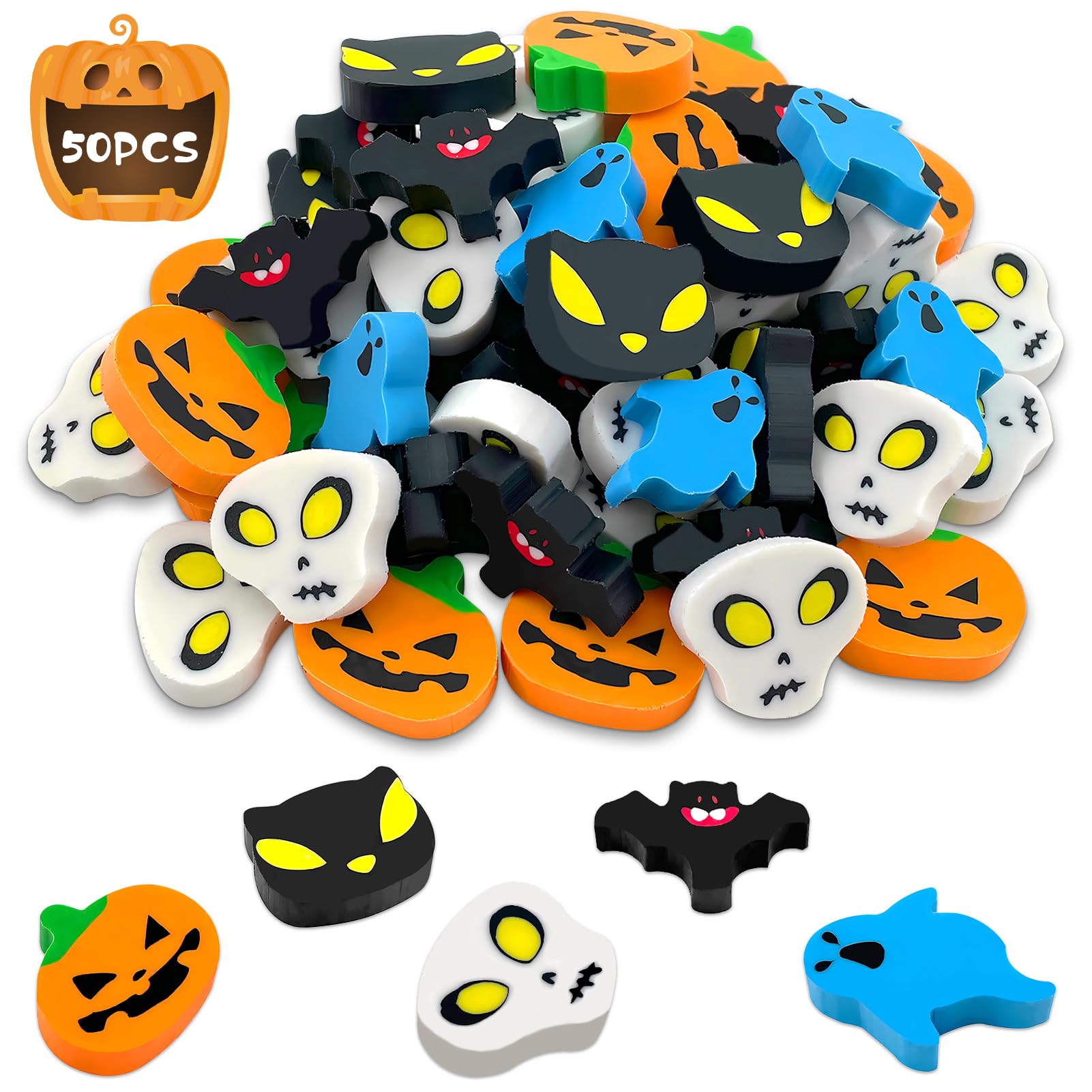 50 Mini Gomme da Cancellare per Halloween - Forma Zucca e Teschio per Bambini - Regalino Ufficio e Cancelleria