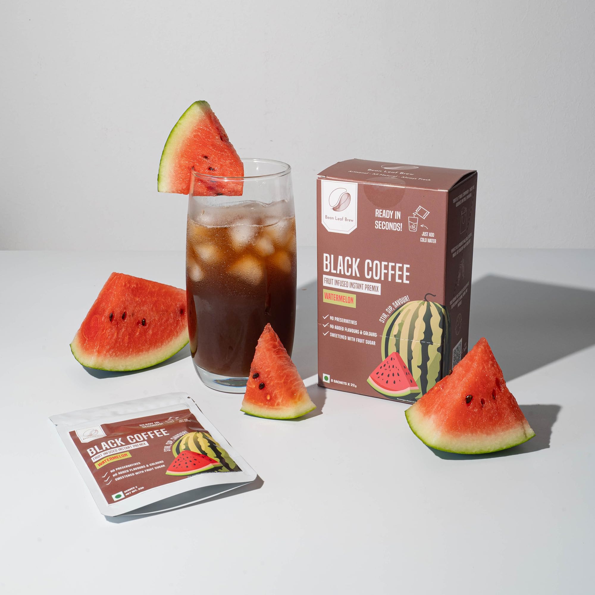 Bean Leaf Brew Black Coffee Fruit Infused Instant Premix - Watermelon | No Preservatives, No Added Flavors or Colors | Sweetened with Fruit Sugar | 8 x 22g Sachets